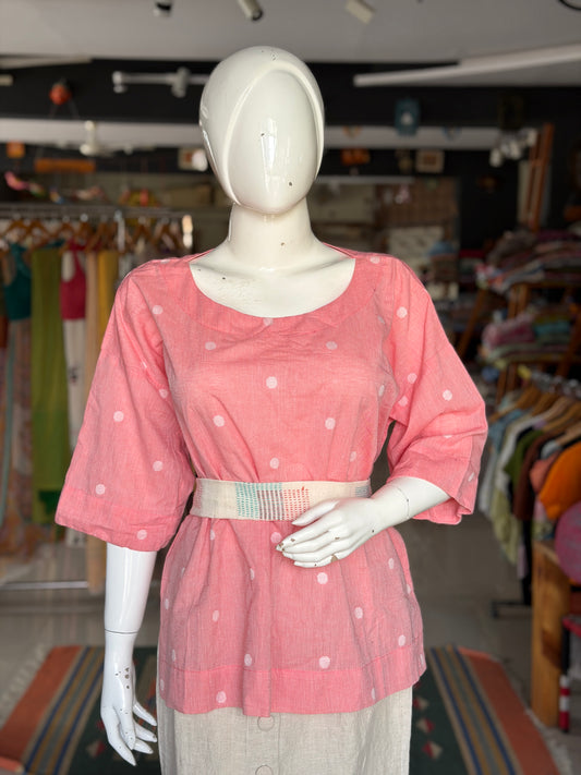 Peach Jamdani boxy handloom cotton top with hand woven fabric belt