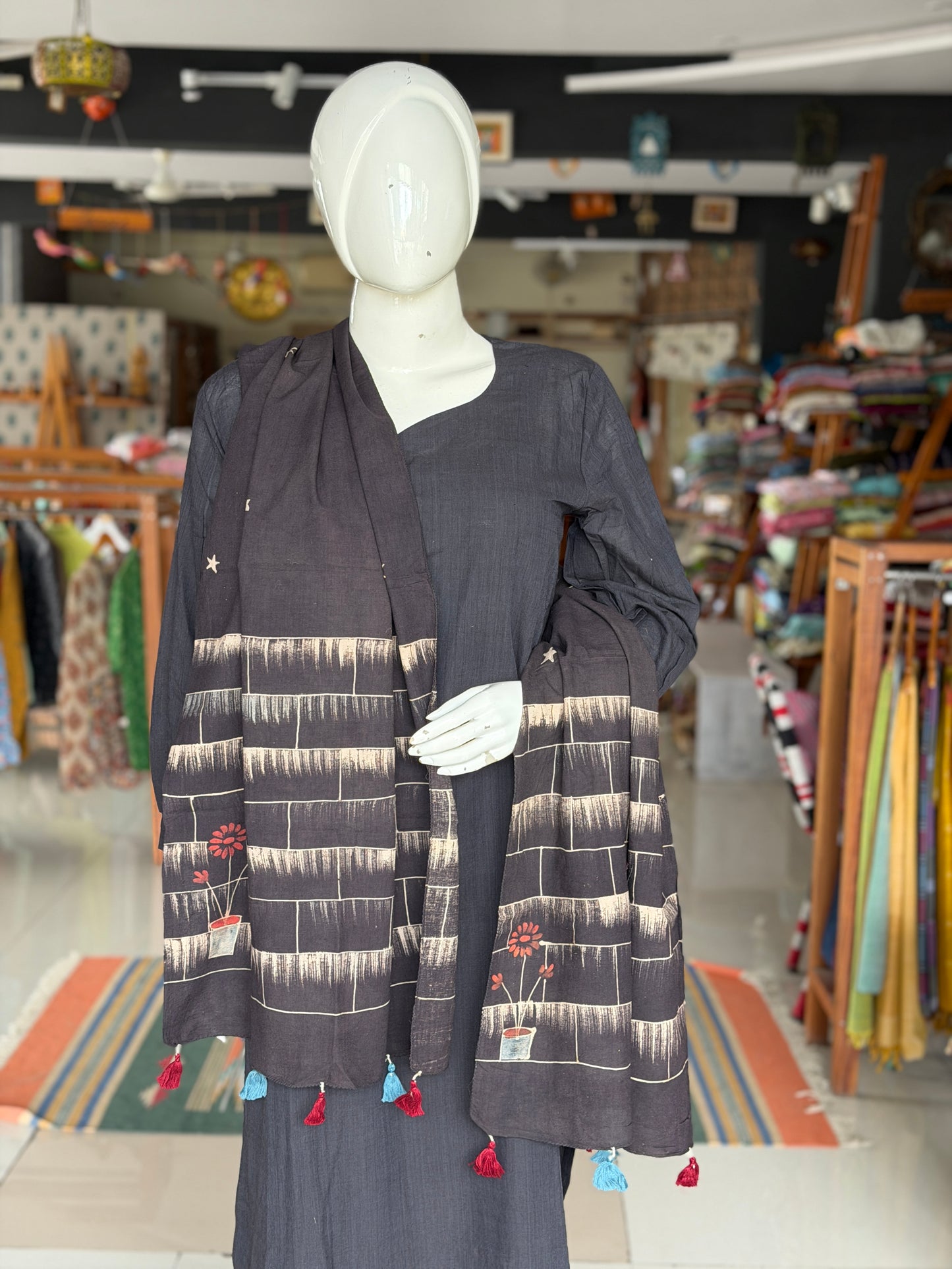 Brush hand art Ajrakh cotton stole - click to see designs