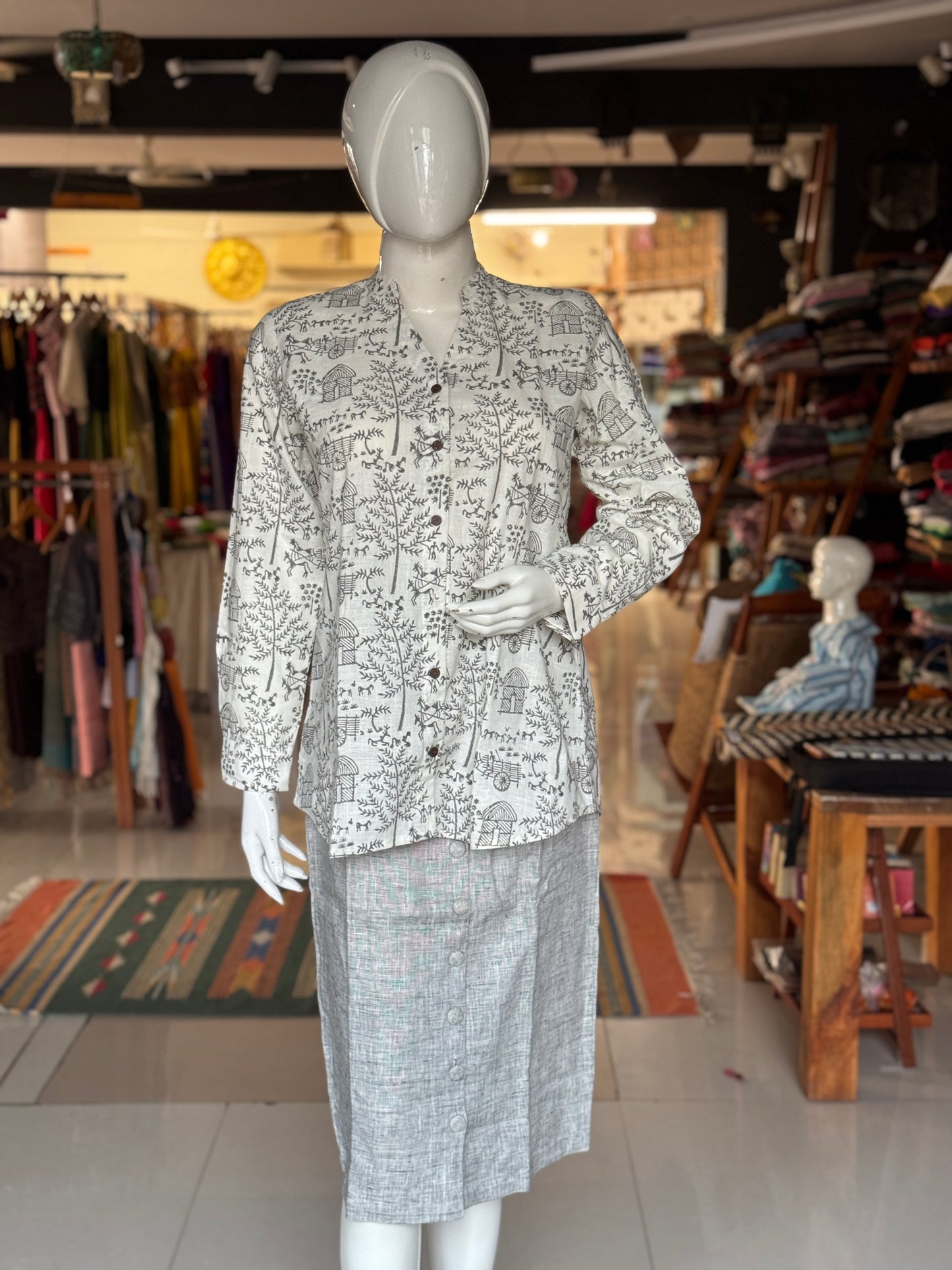 White, village theme print Chinese collared top with V-neckline - hand block printed, Hand spun, hand woven cotton