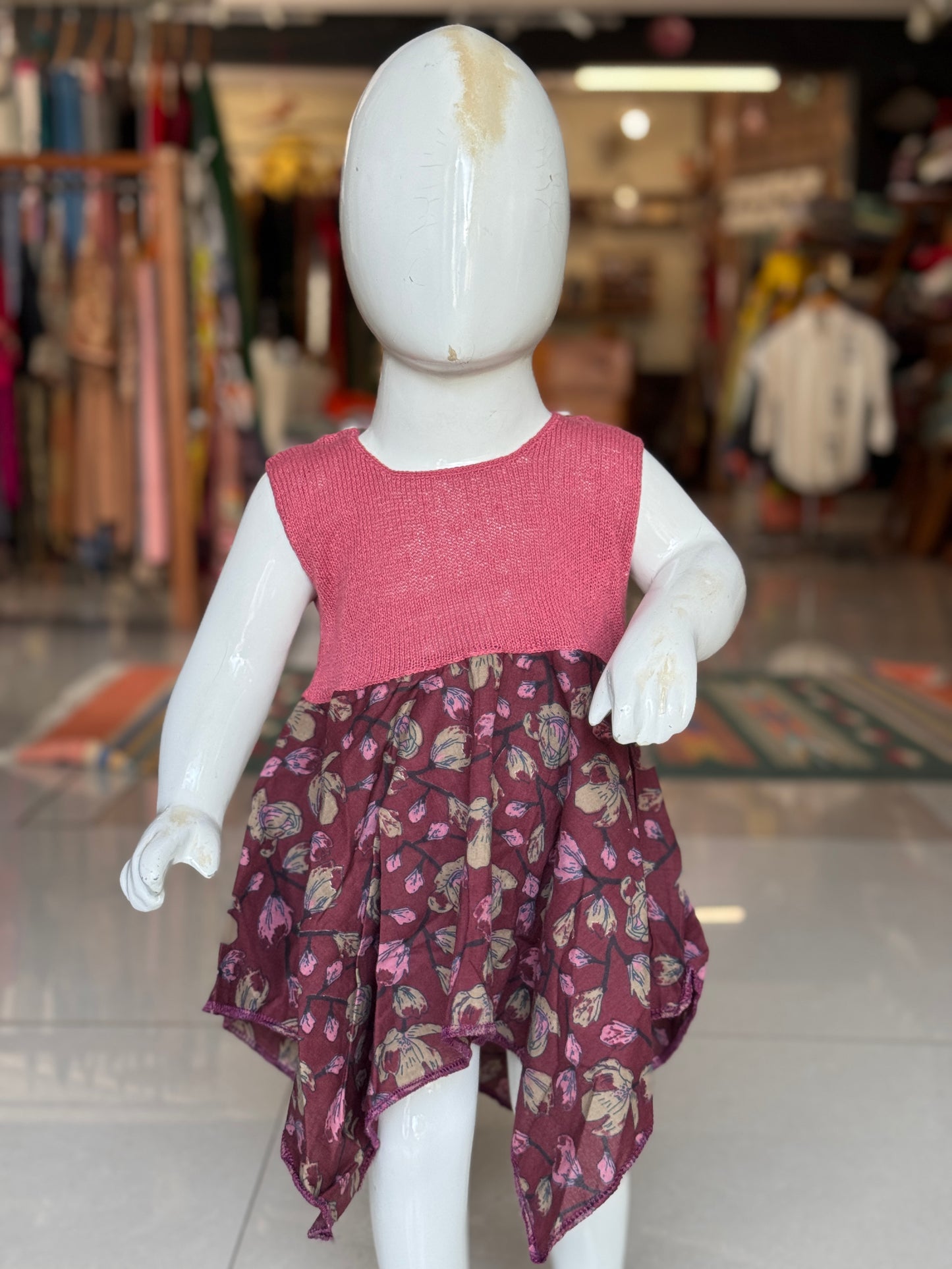 Crochet hand work yoke with hand block printed kerchief cut soft cotton frock