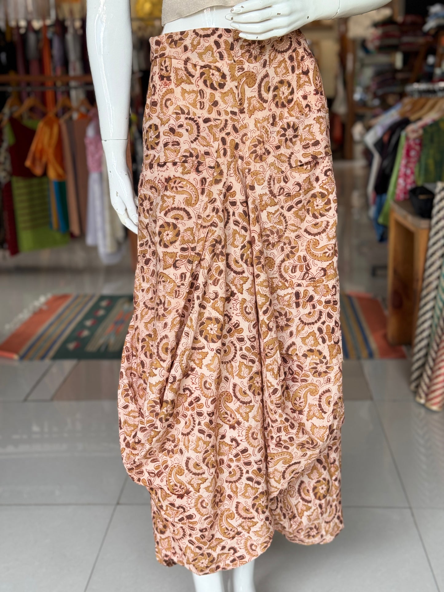 Olive green on cream Kalamkari hand block printed cotton designer skirt - with pockets