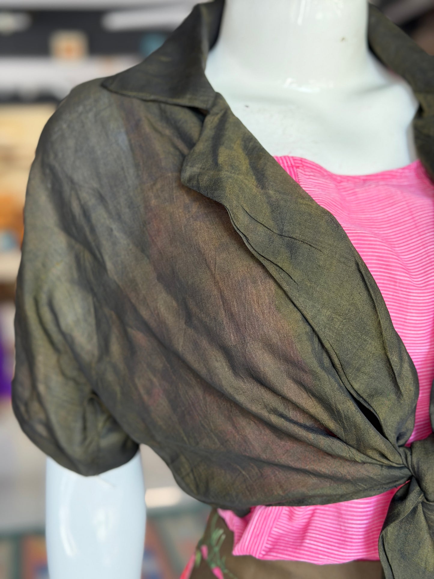 Moss green soft handwoven silk cotton tie front collared short shrug / jacket