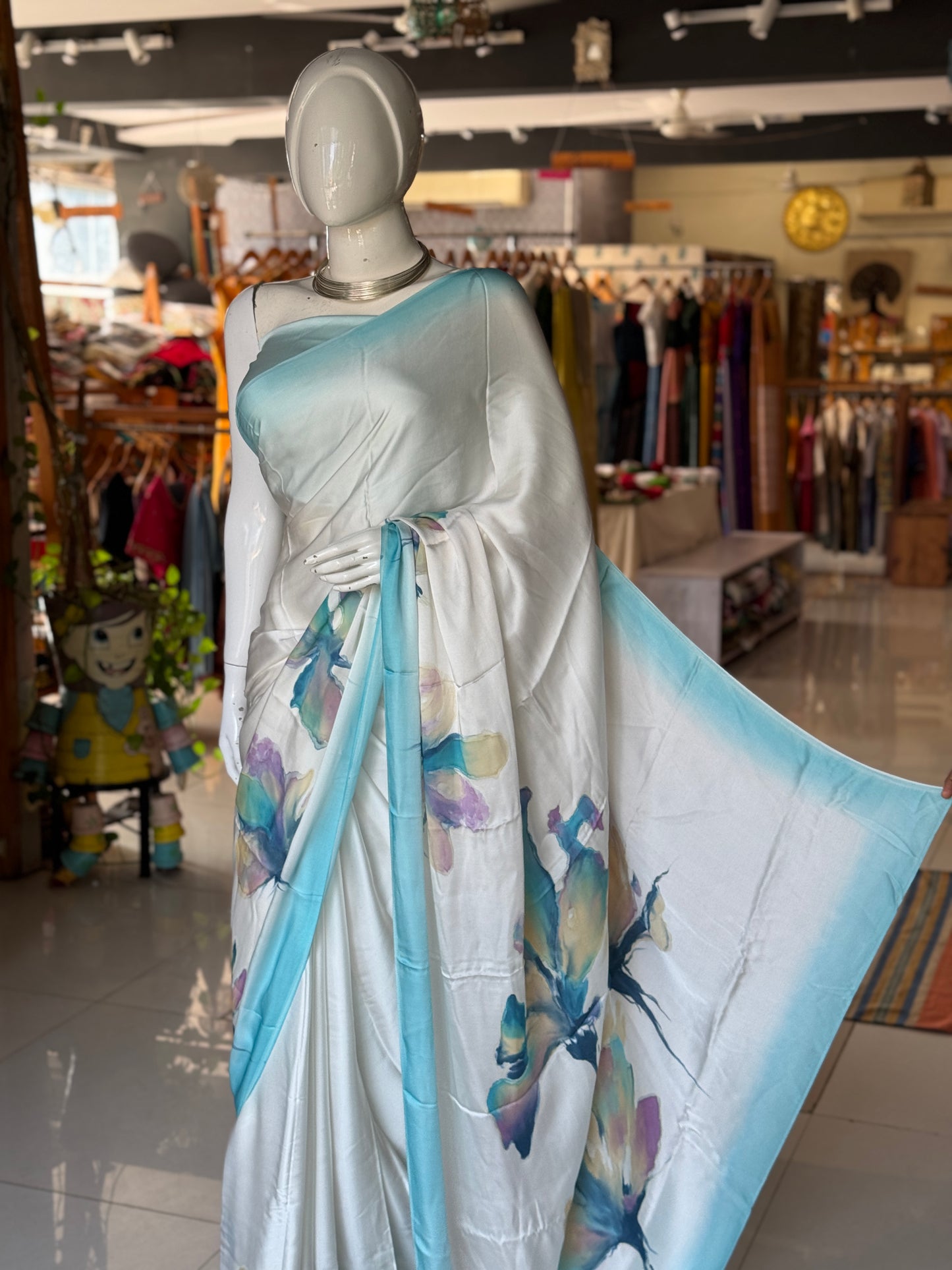 Blue purple - floral design water colors hand painted soft n flowy off white modal saree
