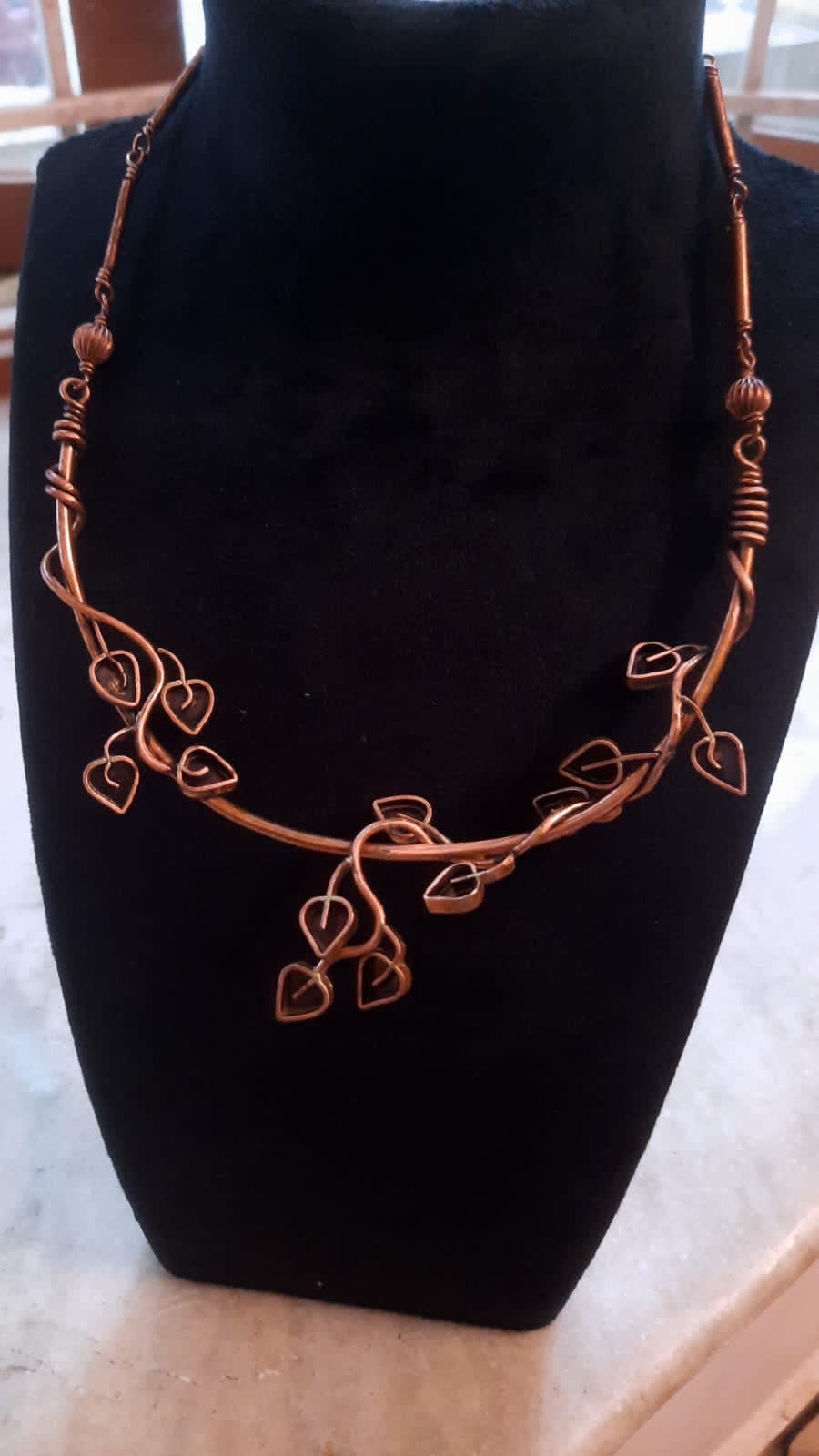 Small leaves on a climber copper handcrafted necklace and earrings set