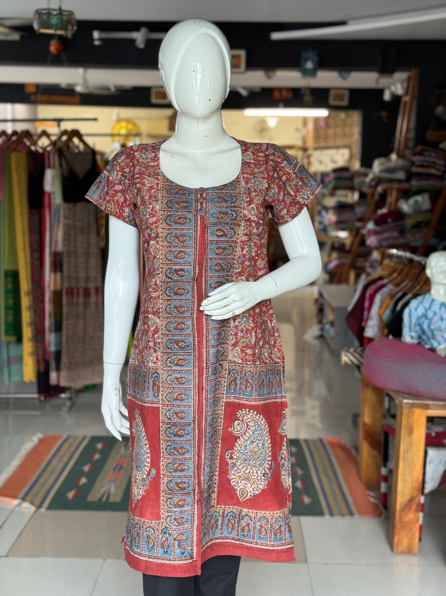 Red and blue hand block printed Kalamkari cotton straight kurti