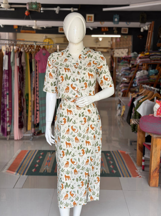 White forest theme Coord set - cotton hand block printed collared crop top and skirt with front slit