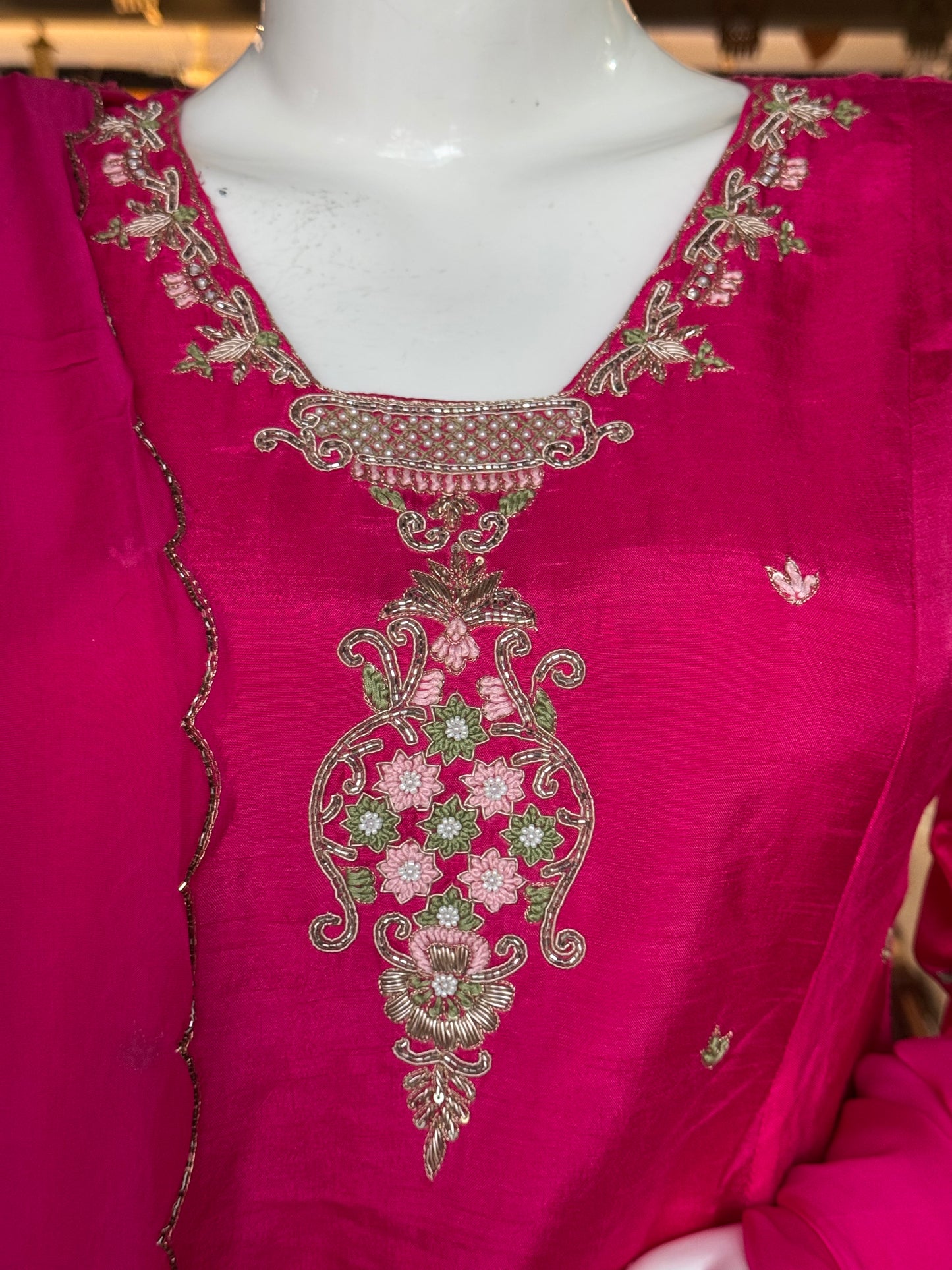 Bright pink dola silk hand embroidered 3 piece suit set with organza dupatta - festive wear set