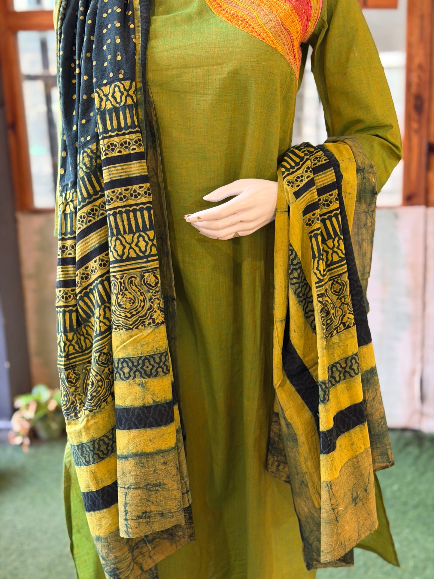 Green and yellow Ajrakh hand block printed cotton dupatta