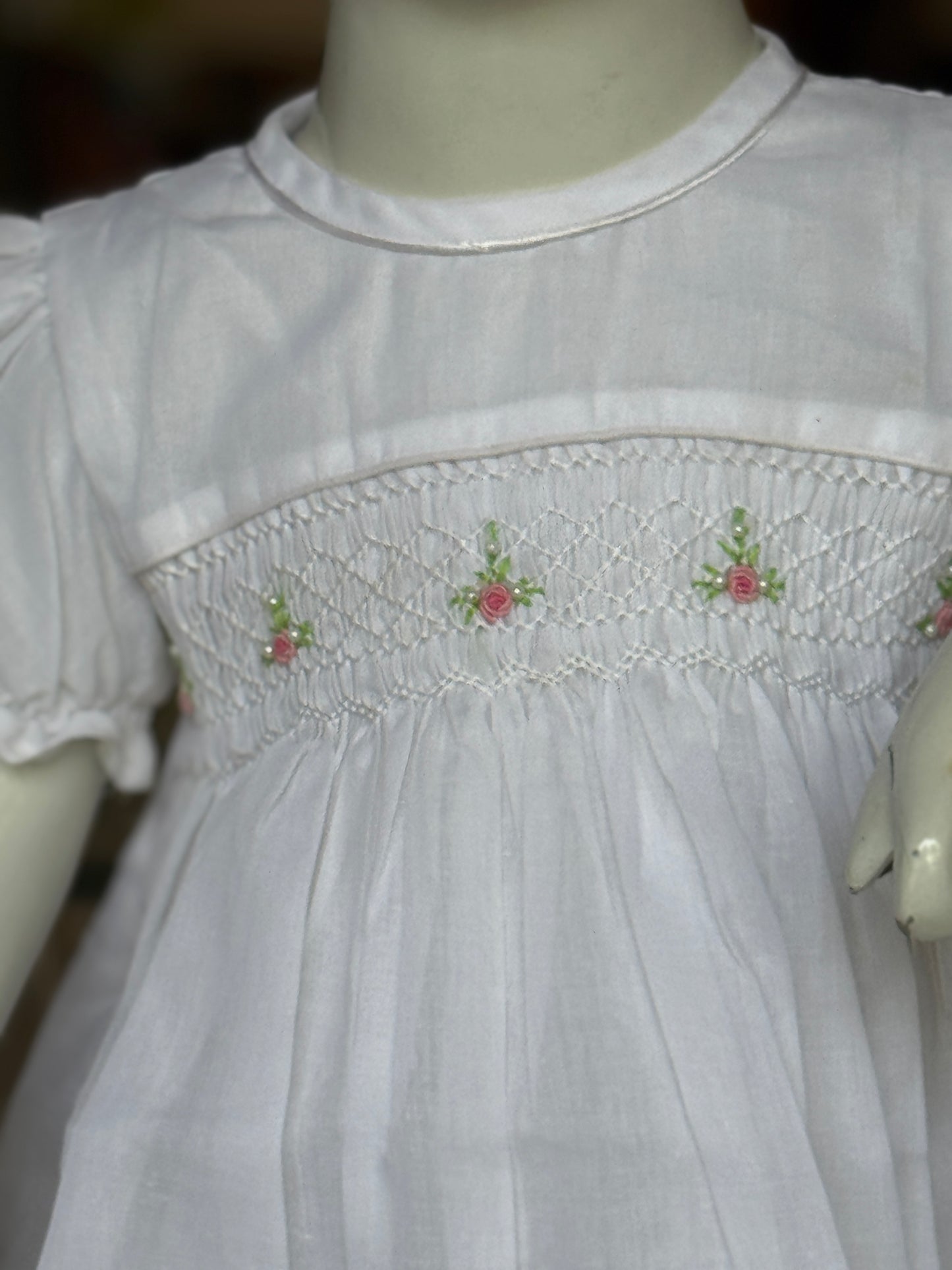 White hand embroidered smocking cotton frock for girls with piping for neck