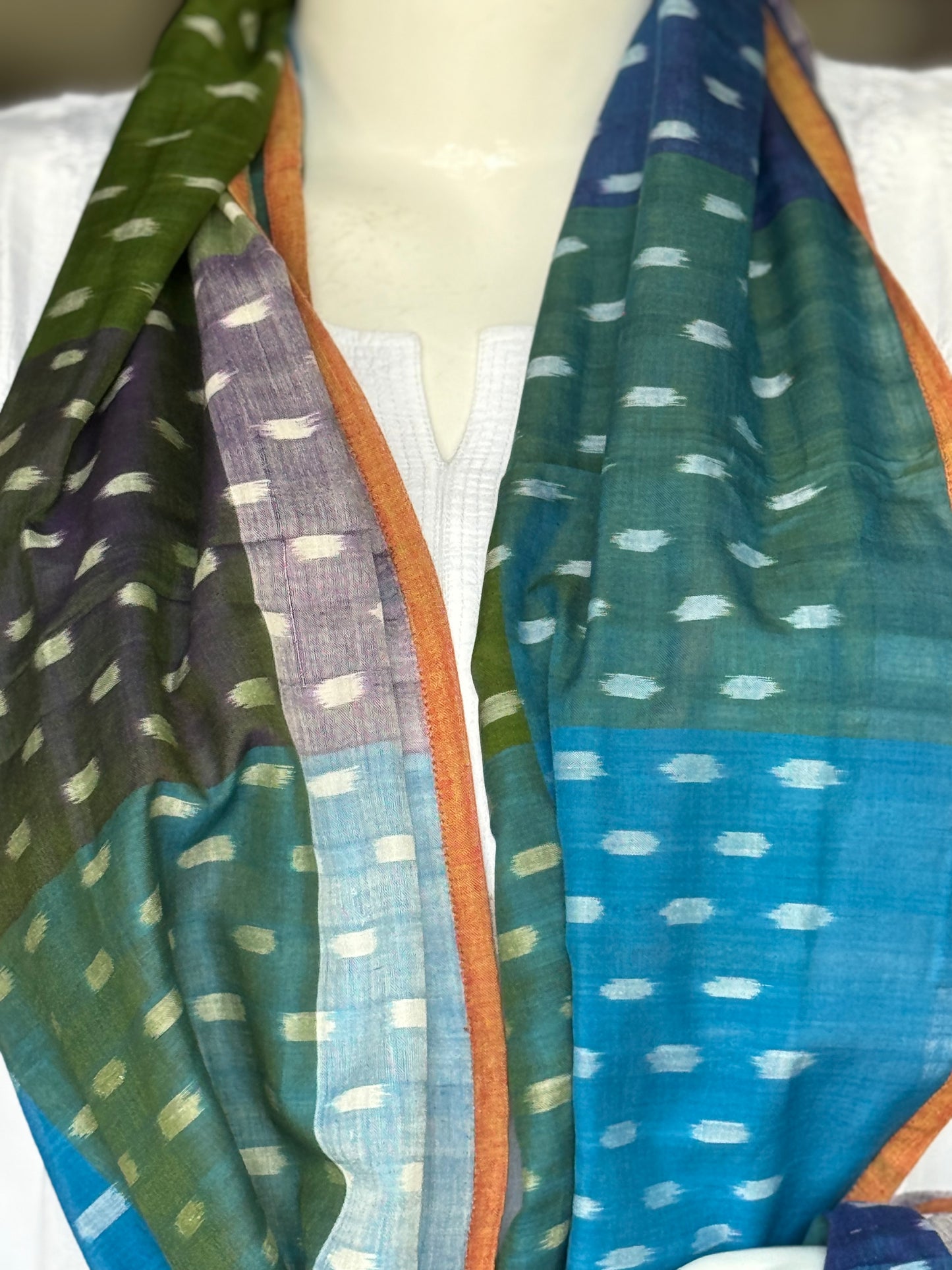 Blue green cotton handloom ikat stole with white dots