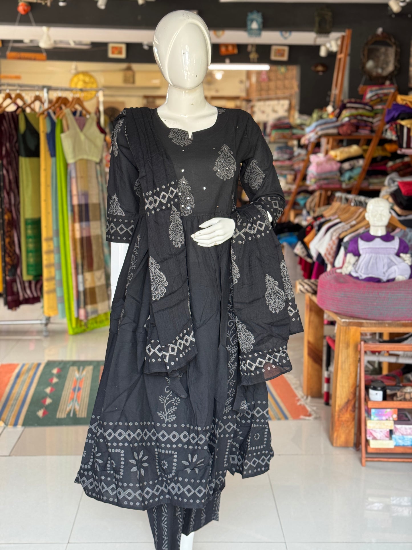 Black with grey hand block printed cotton 3 piece hand block printed set - flared kurti, pants and dupatta
