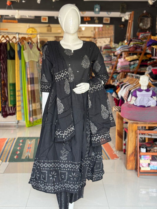 Black with grey hand block printed cotton 3 piece hand block printed set - flared kurti, pants and dupatta