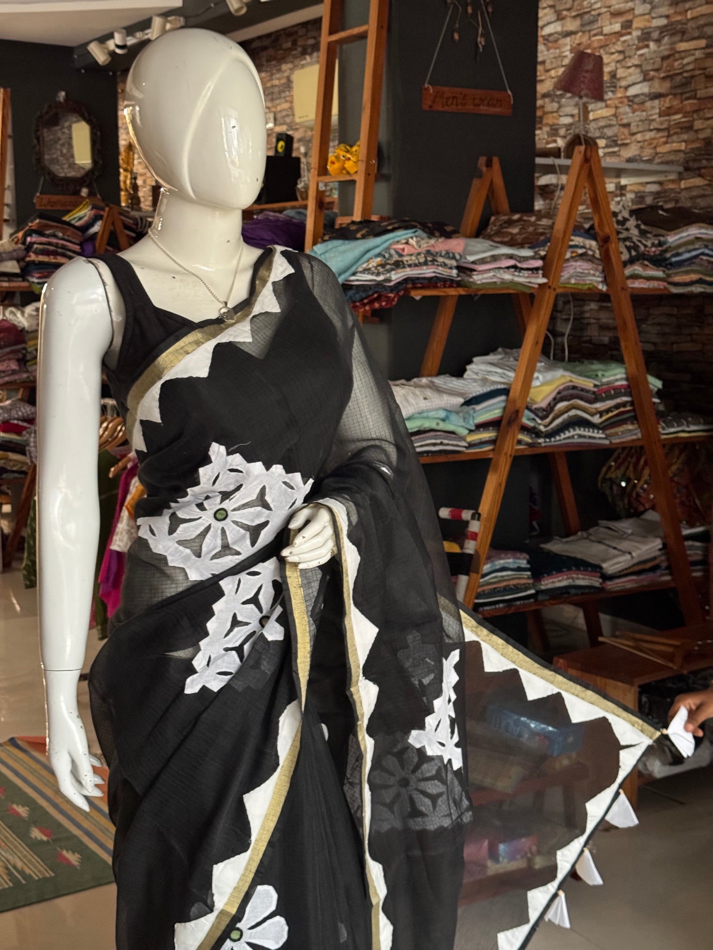 Black soft kota cotton saree with white flowers Applique patches