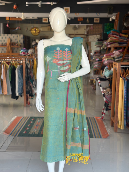 Sage green cotton handwoven Jamdani 2 piece unstitched set - kurti n dupatta
