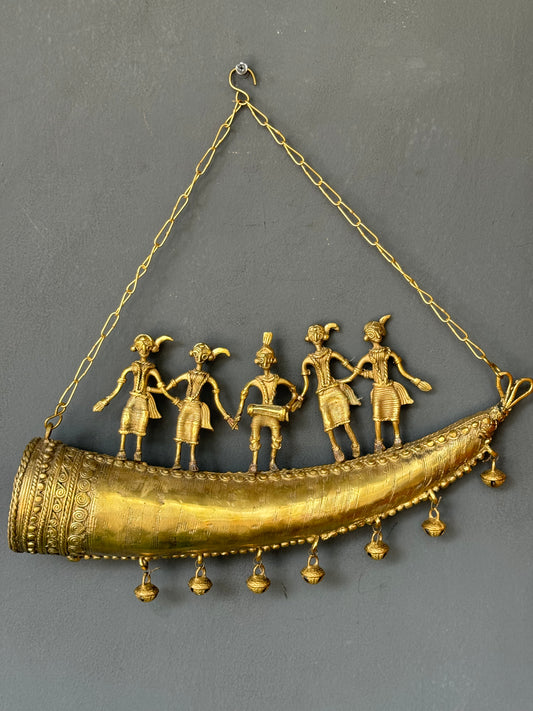 Tribal dancers on a horn - brass dokra hand crafted hanging decor