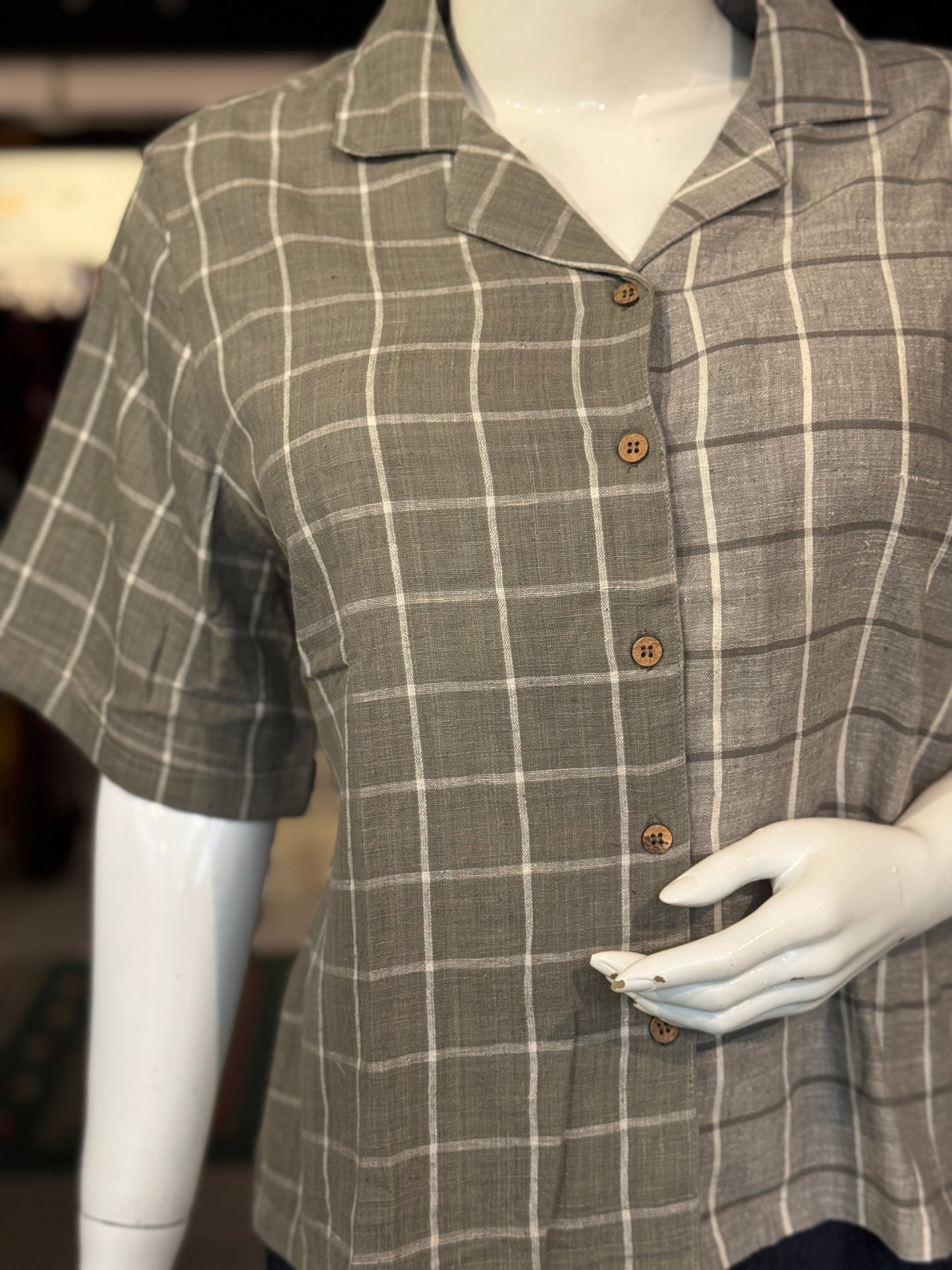 Grey green half n half hand woven kala cotton shirt for women