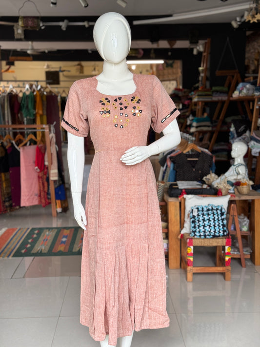 Light peachish maroon kala cotton hand woven pleated dress with mirror embroidery on yoke