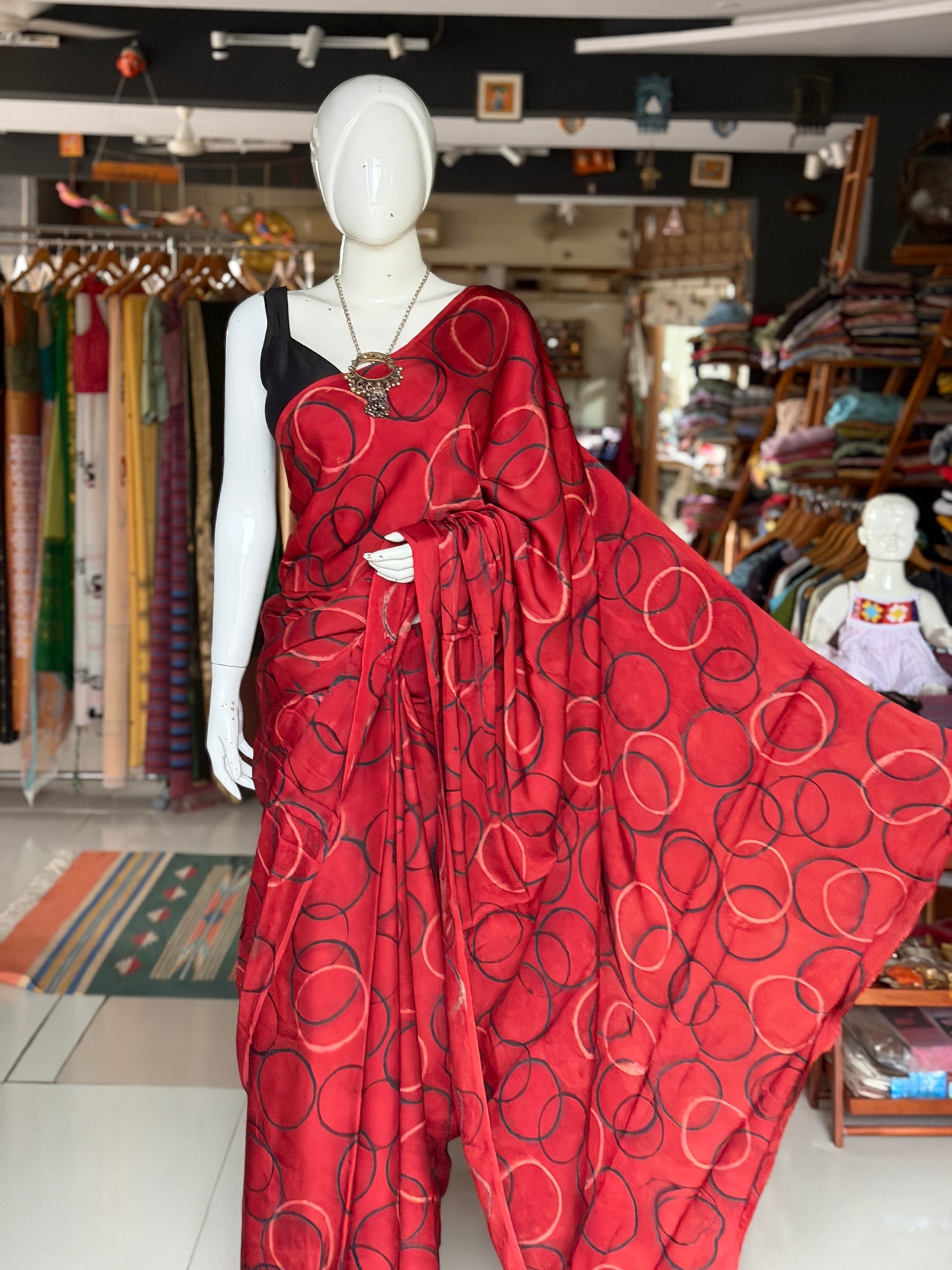 Maroon circles print soft modal yardage saree / fabric - hand block printed Ajrakh
