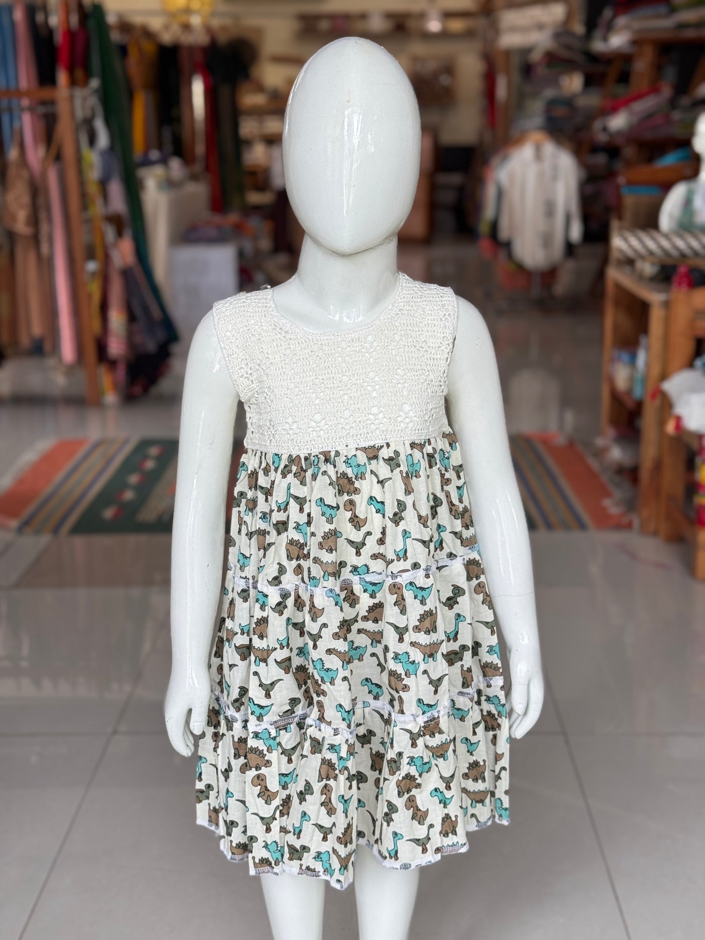 Tiered hand block printed cotton frock with crochet yoke for girls