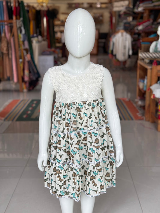 Tiered hand block printed cotton frock with crochet yoke for girls