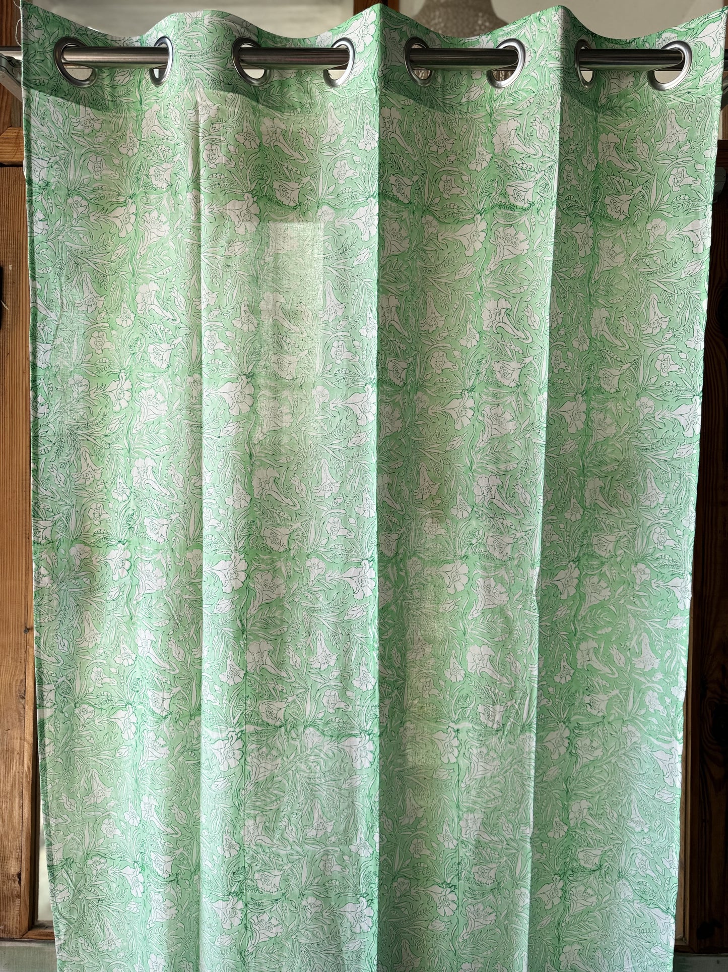 Green hand block printed cotton 7 feet door length curtain