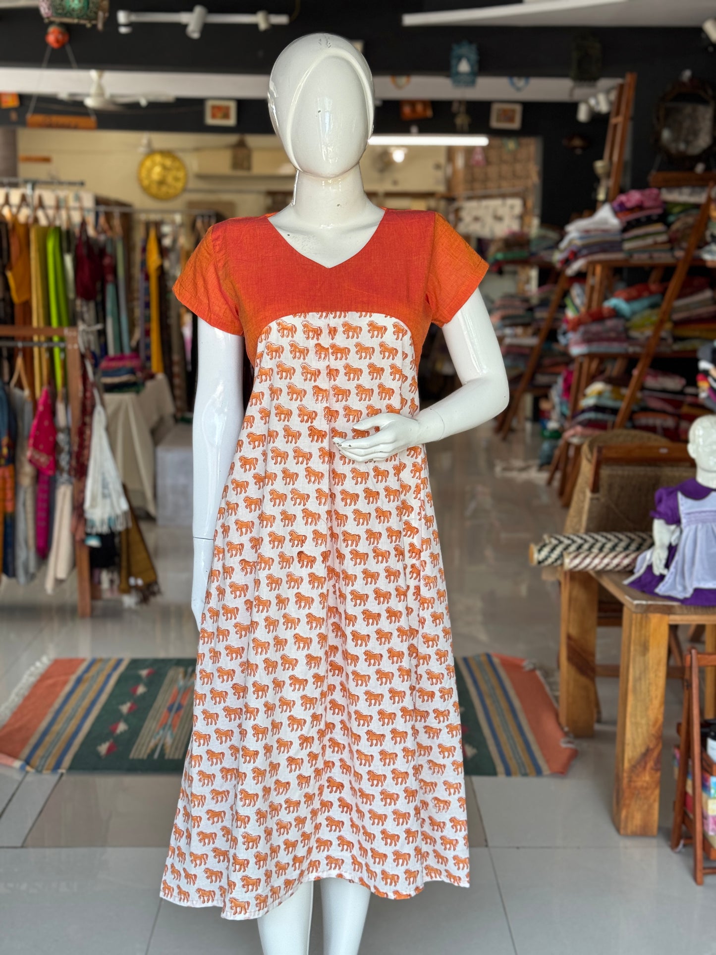 White n Orange cotton dress with horses hand block prints