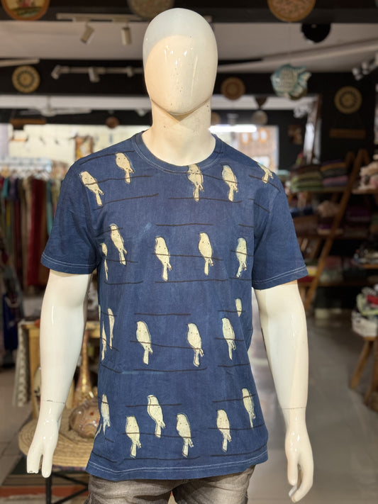 Indigo blue birds on a line- hand block printed natural dyed cotton t-shirt
