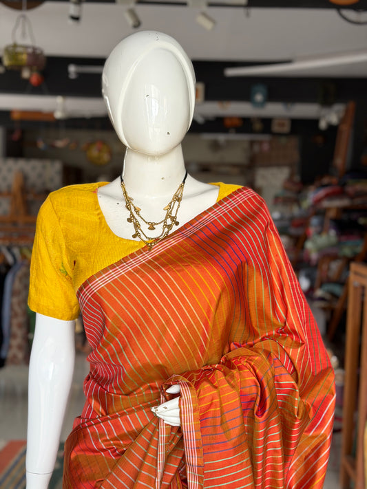 Orange pure silk handloom kanjeevaram pattu saree with multi colored stripes all over