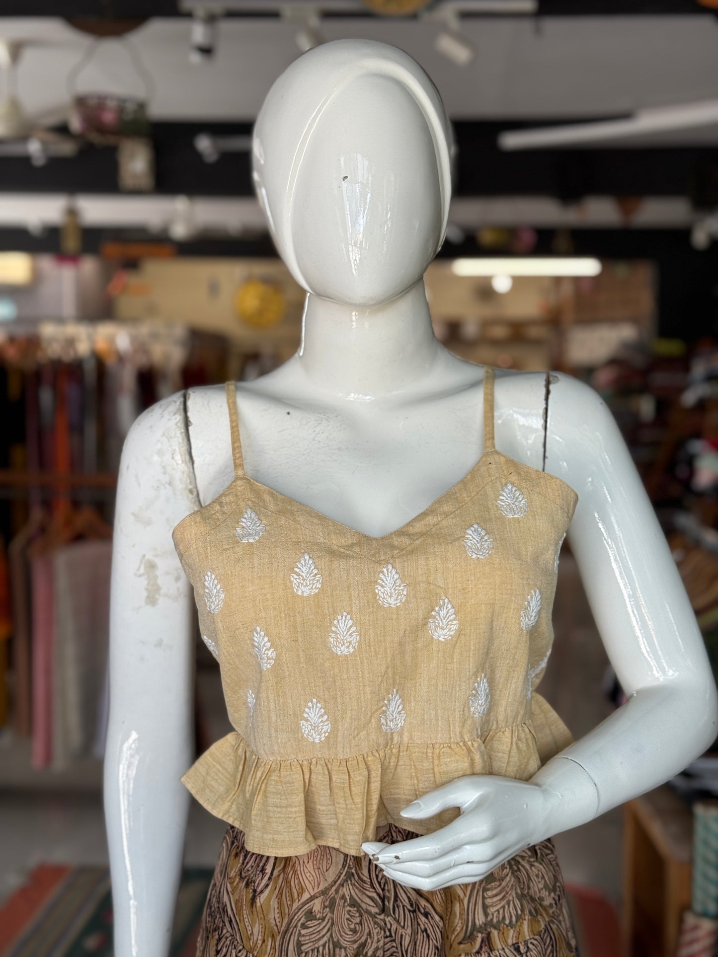 Frilled hem Crop top / blouse with thin straps -  Chikankari hand embroidered handwoven cotton crop top / blouse