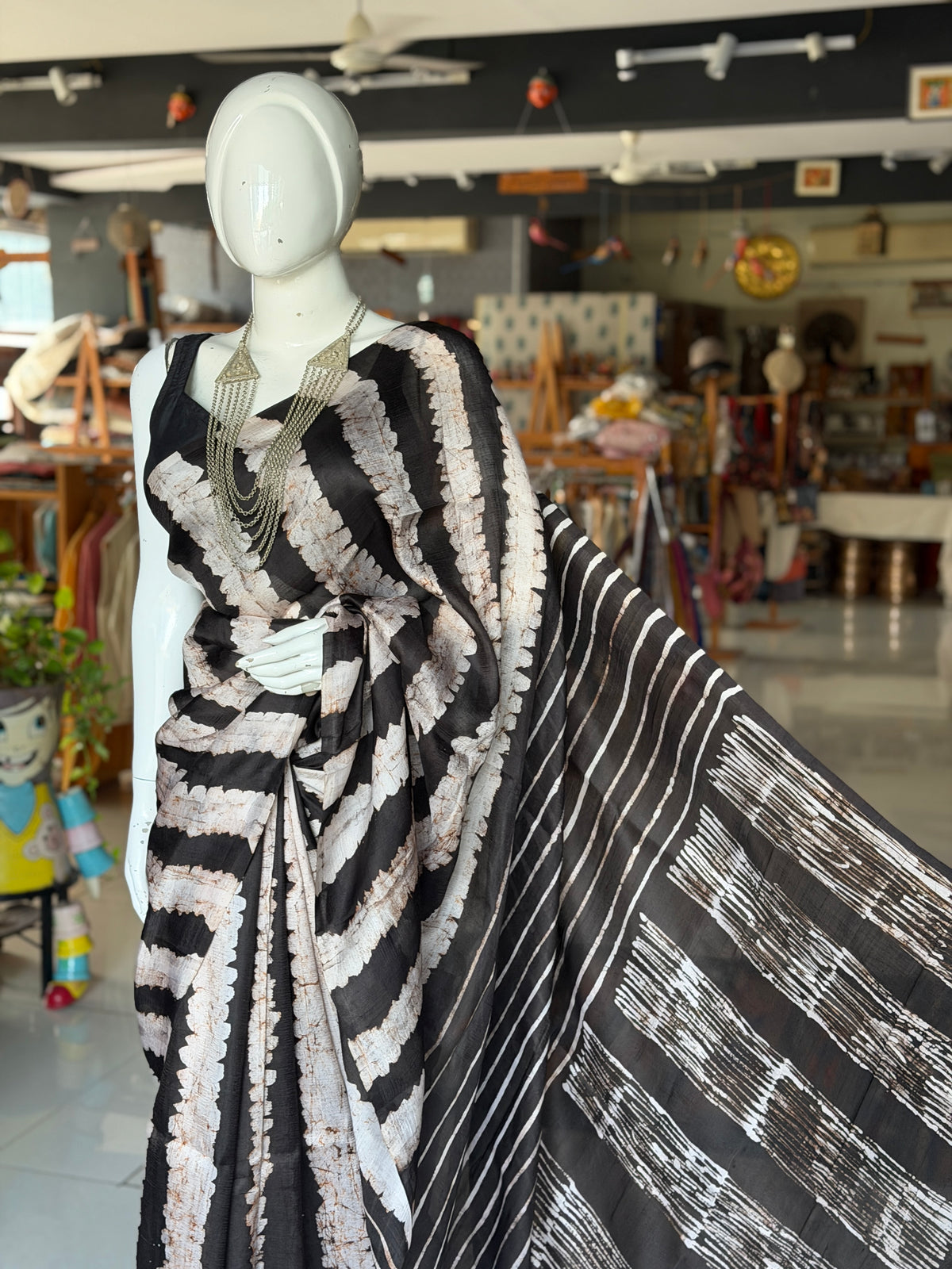 Black brown hand painted, hand batik soft 3 ply Murshidabad silk saree