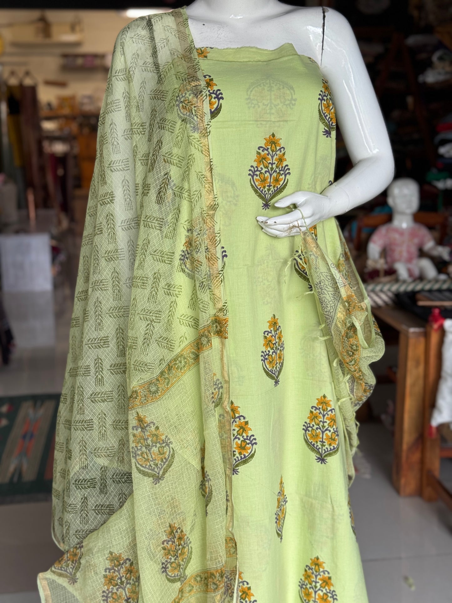 Light n bright green hand block printed cotton 3 piece unstitched suit set with kota doria dupatta