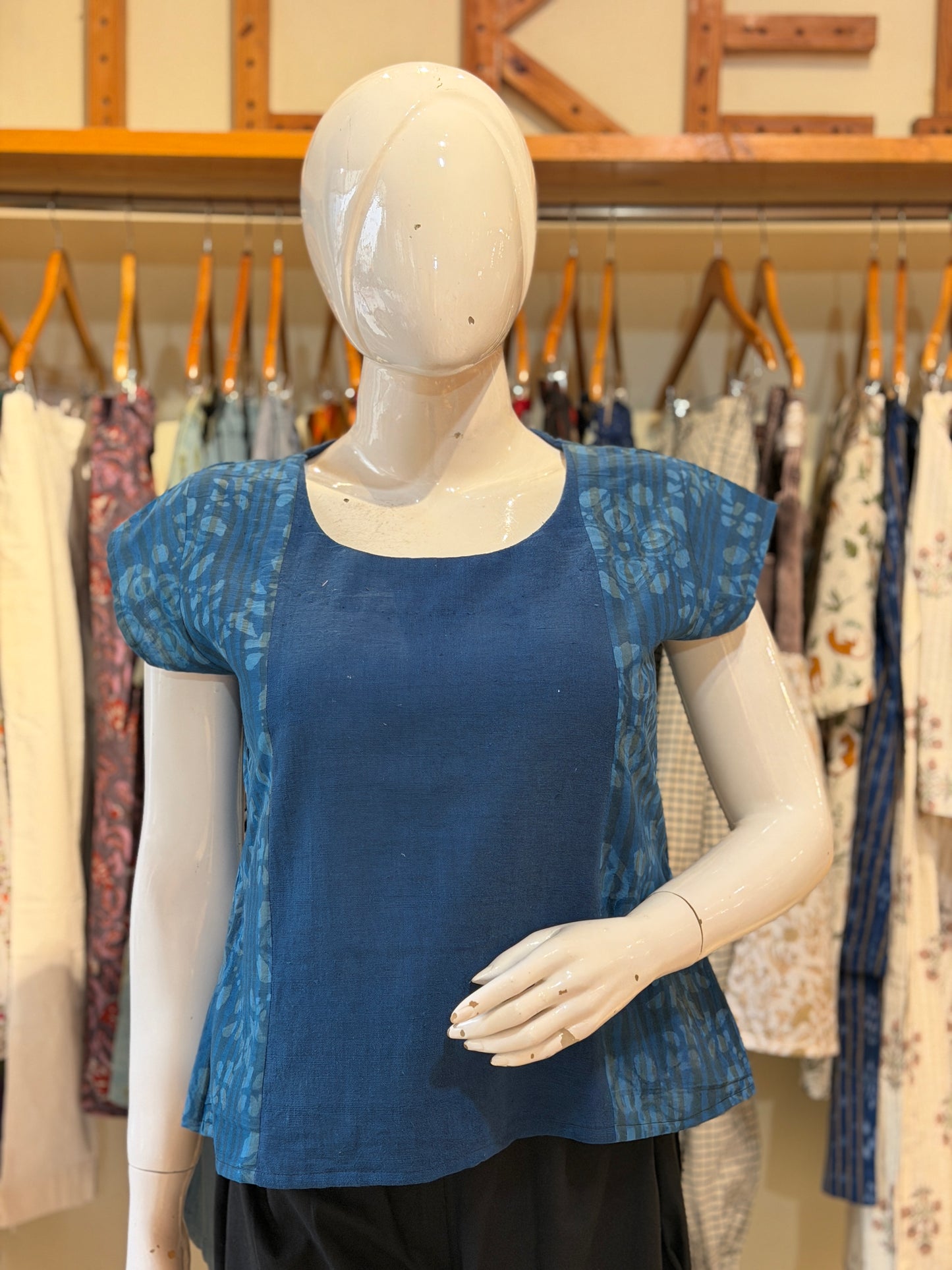 Kala cotton plain blue Handloom center panel top with blue floral hand block printed sides