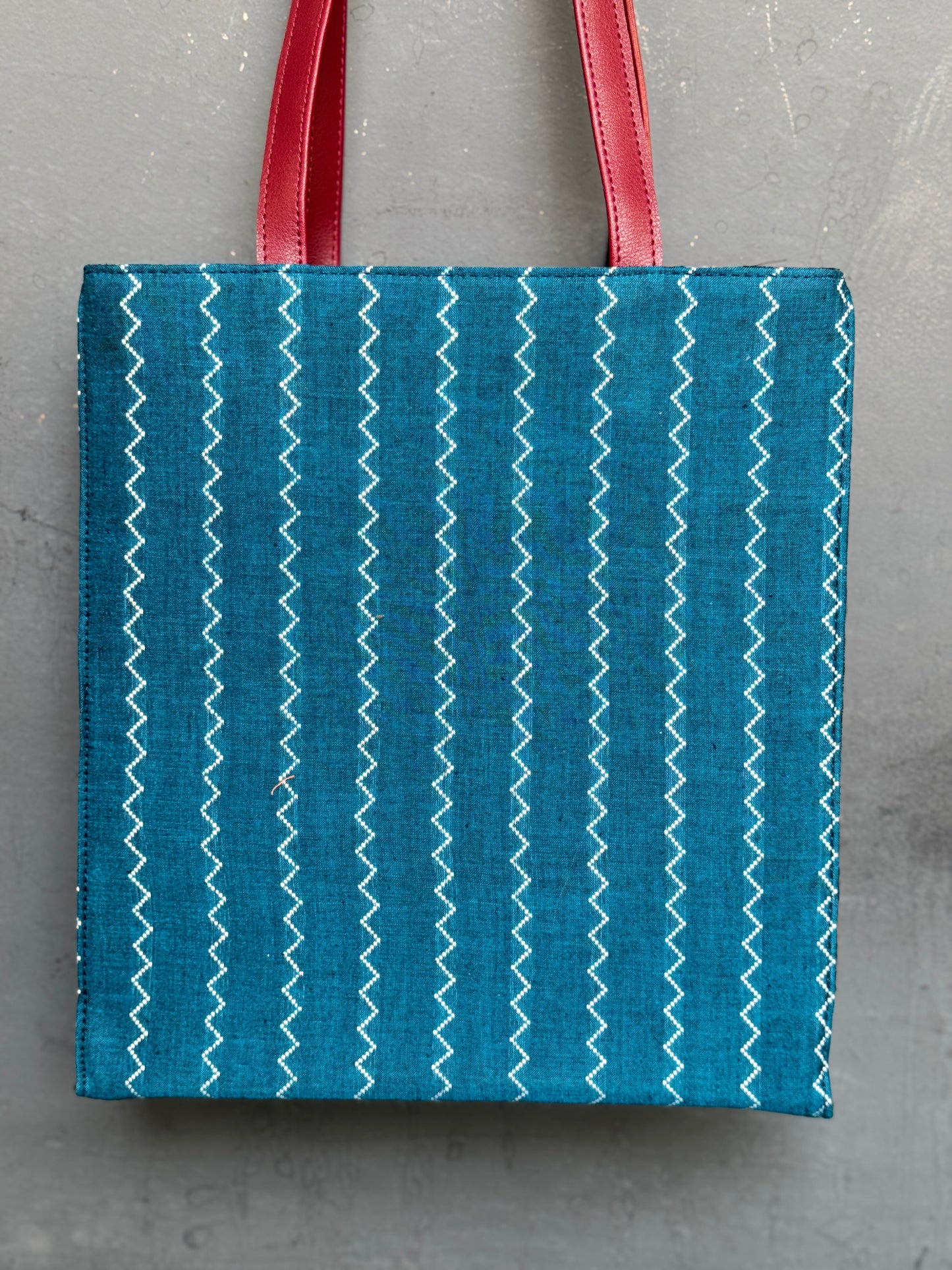 Wide base hand block printed, fabric tote bag with front patch pocket