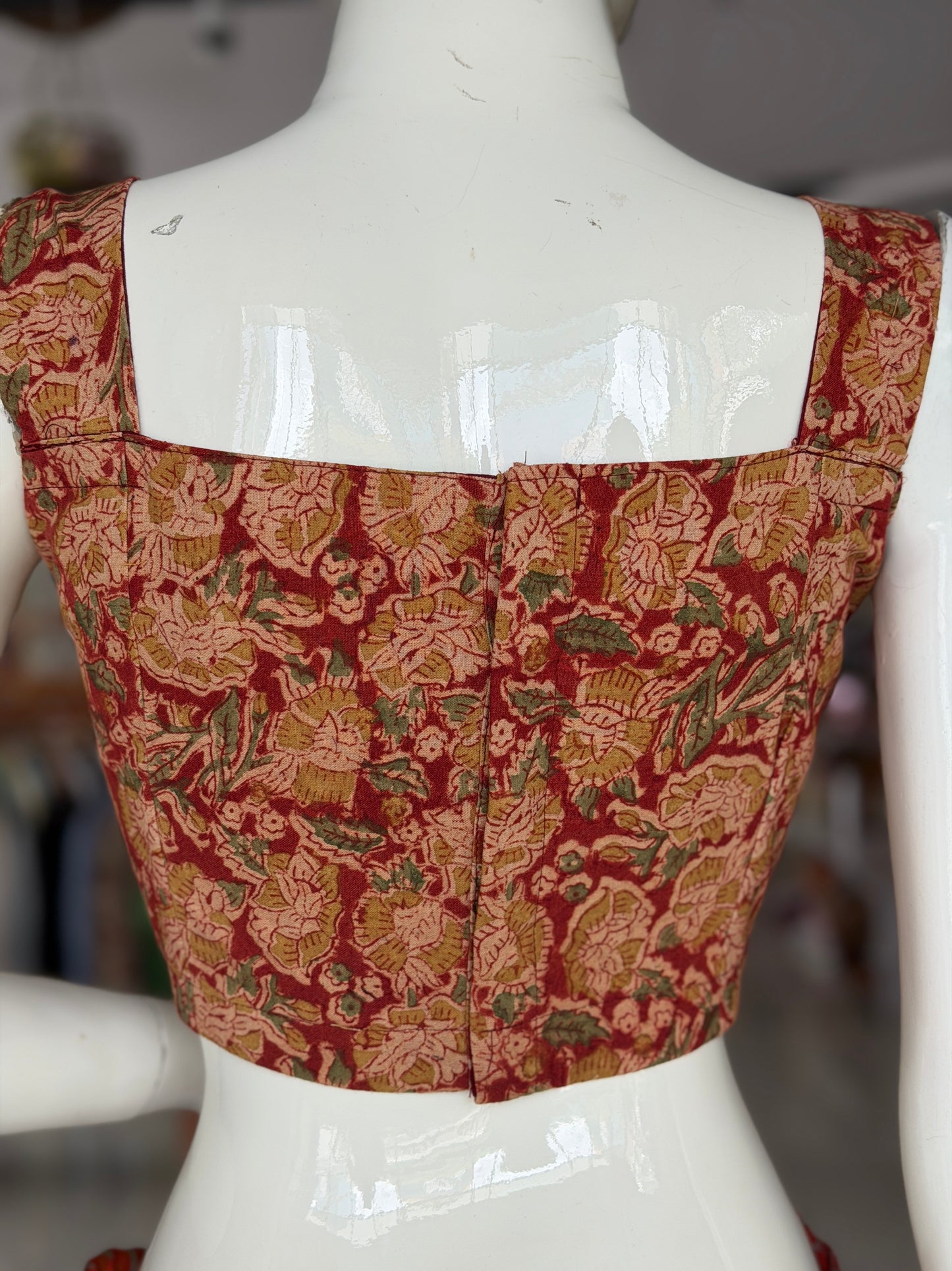 Red Kalamkari hand block printed floral cotton sleeveless blouse