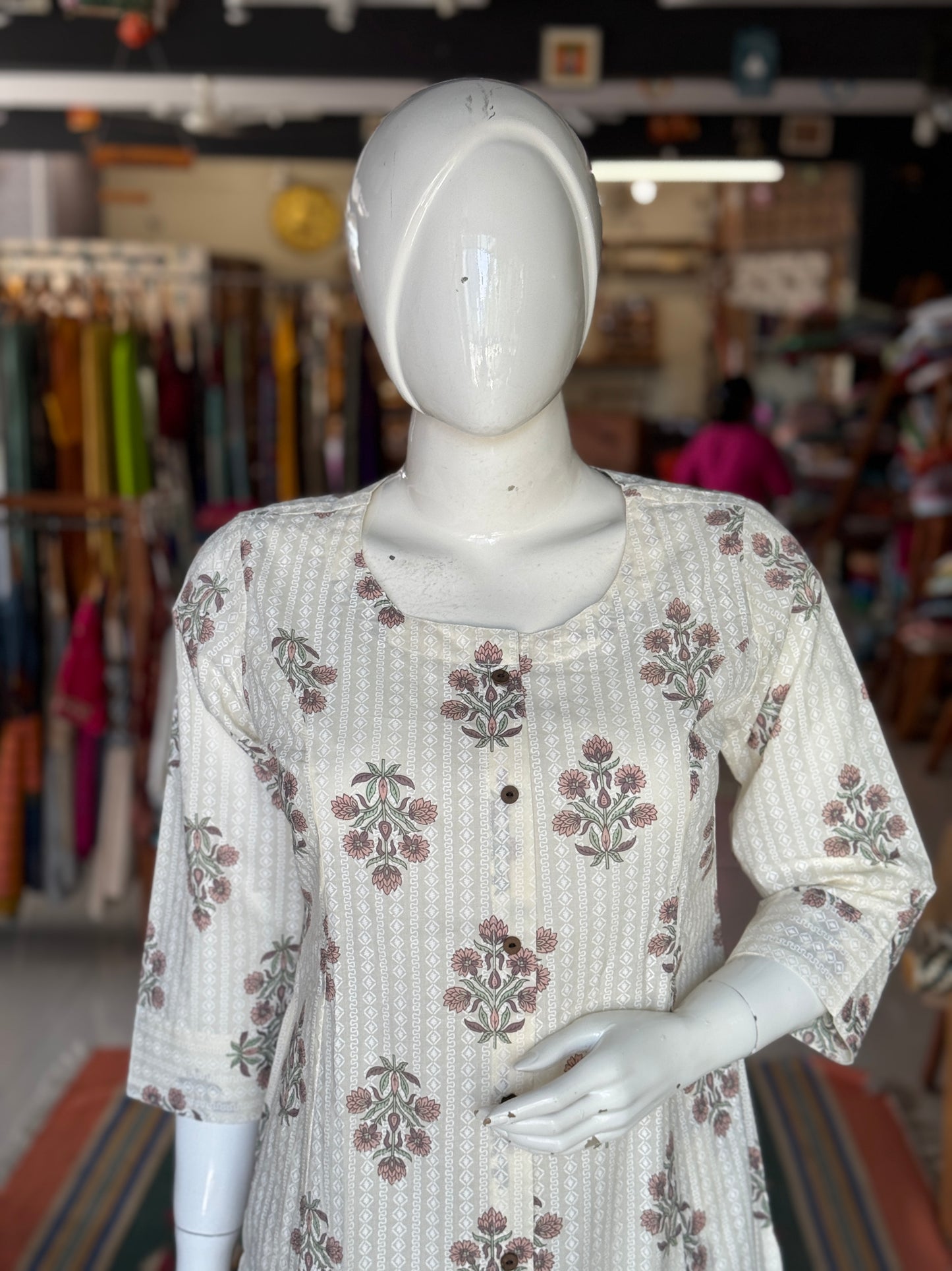 Off white floral cotton kurta and pants - coord set