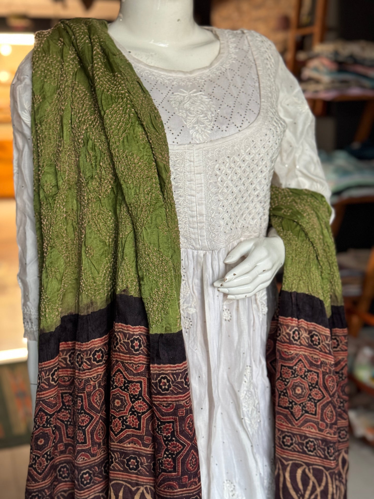 Ajrakh bandini tie dye gajji silk dupatta - fine Bandhej with hand block Ajrakh