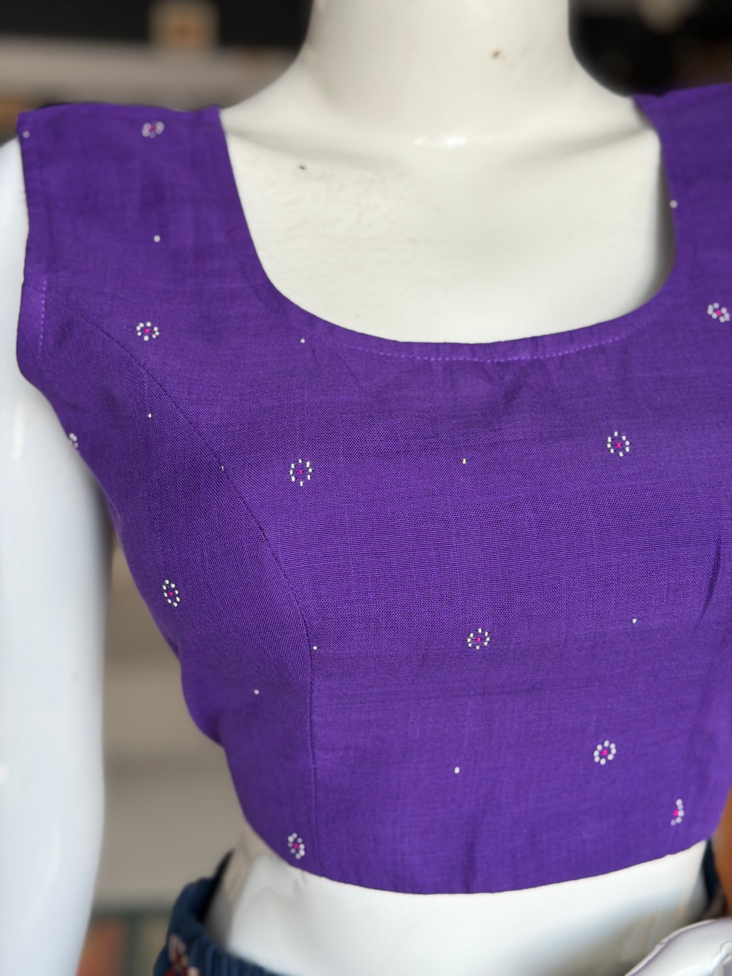 Purple tangaliya dot pattern soft cotton handwoven sleeveless princess cut blouse