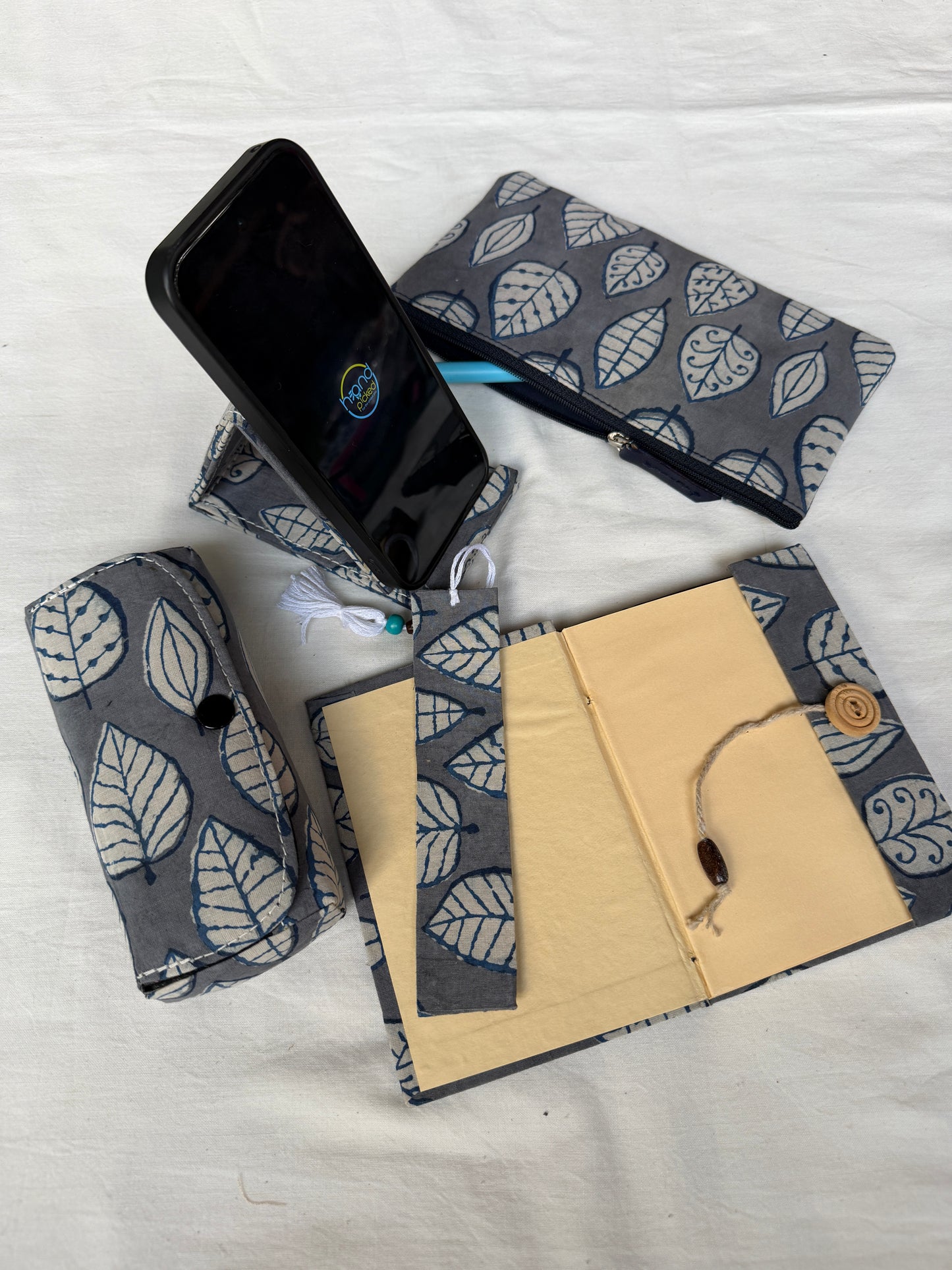Gift set - small fabric covered notebook, bookmark, mobile phone holder, utility zippered pouch, spects / goggles case - handcrafted 5 piece gift set