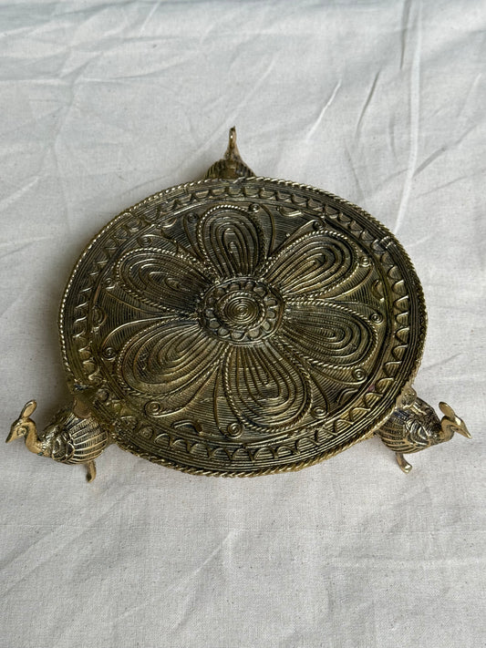 Brass tray / riser with peacock legs - dokra hand crafted decor