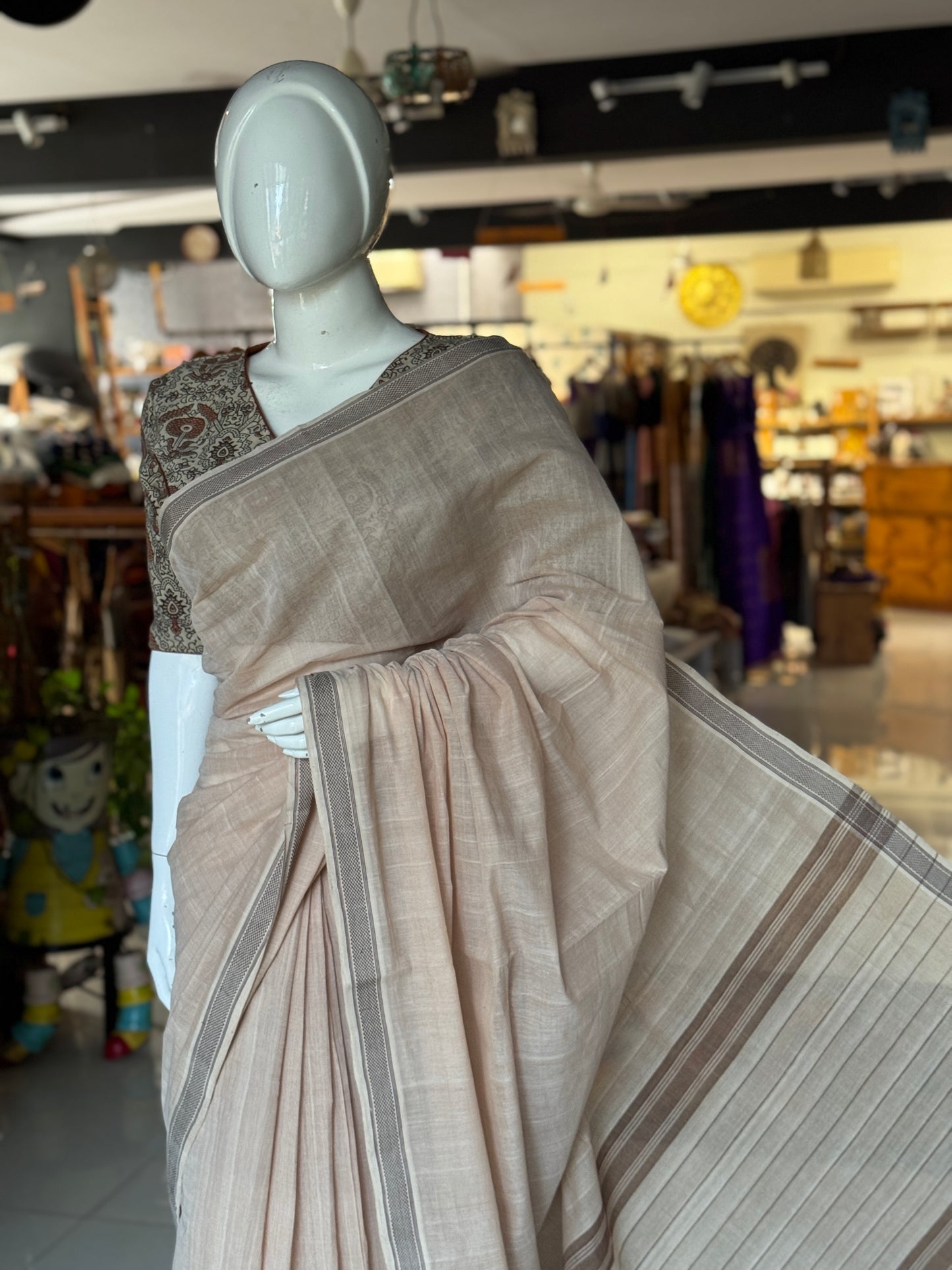 Beige brown soft handloom cotton saree with thread border