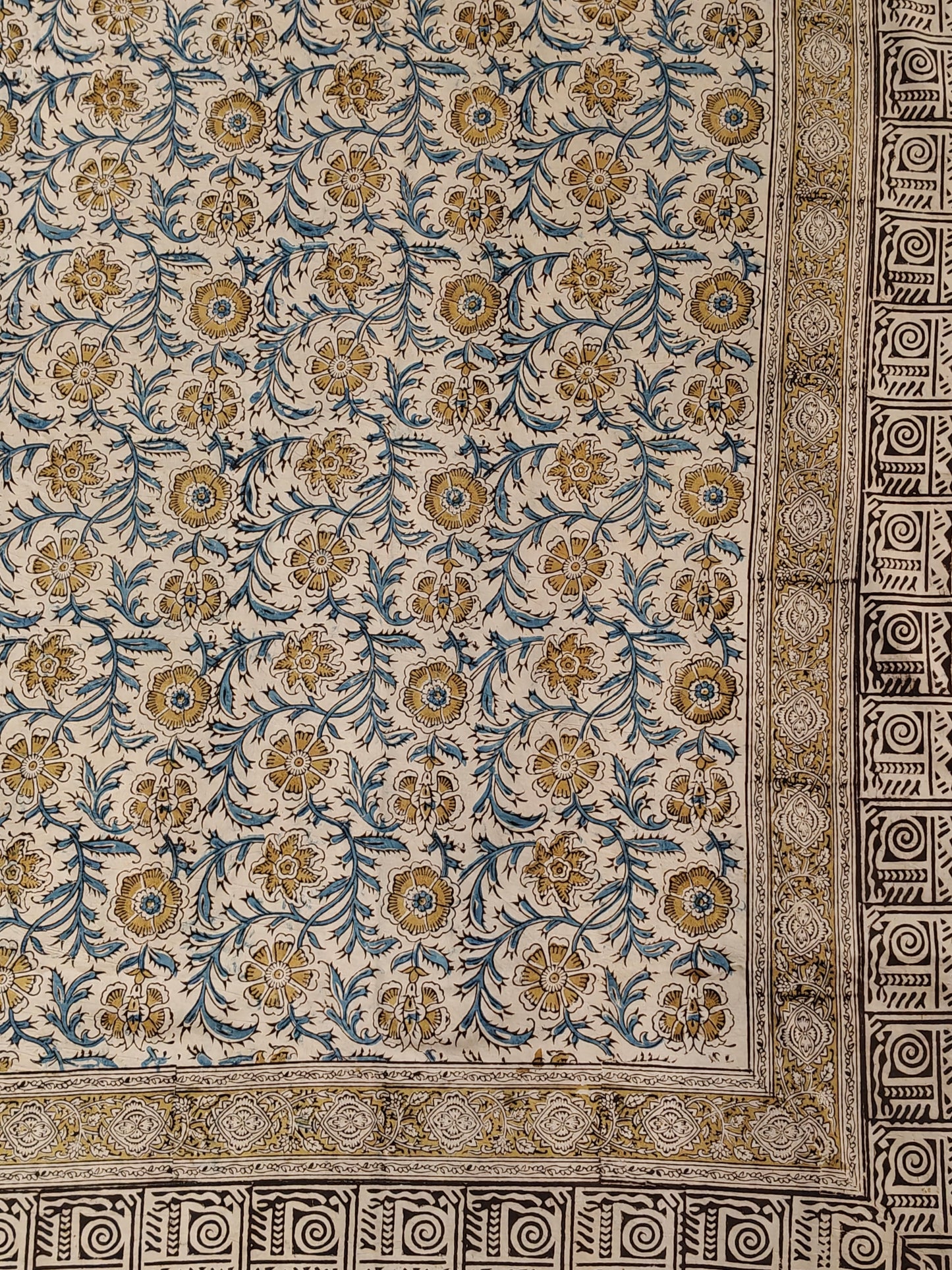 Blue and mustard floral design Kalamkari hand block printed smooth satin cotton king size bedsheet + 2 pillow covers