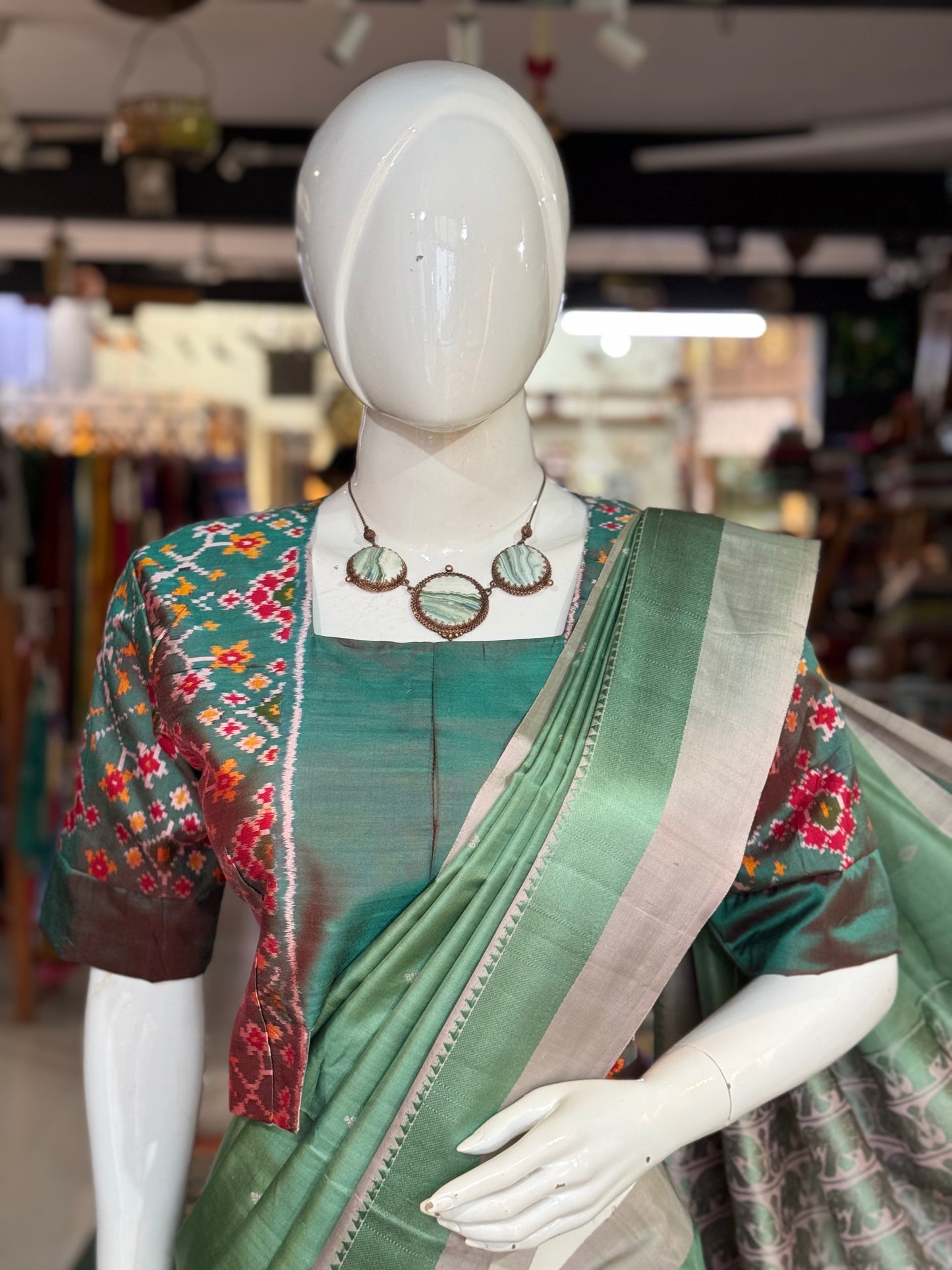 Green pure silk Ikat handloom elbow sleeves crop top / blouse