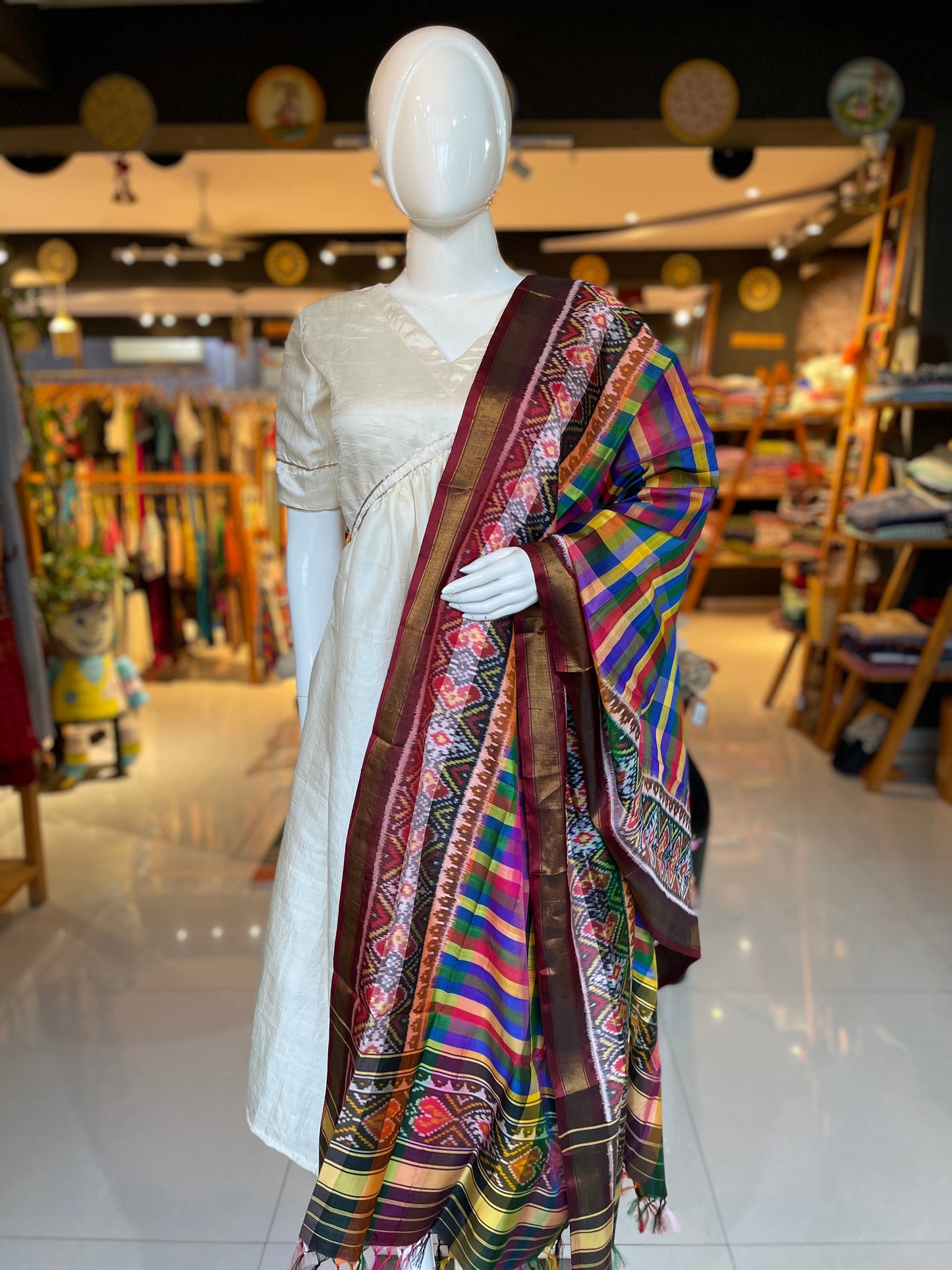 Vibrant multi coloured checks handwoven mulberry silk ikat patola dupatta