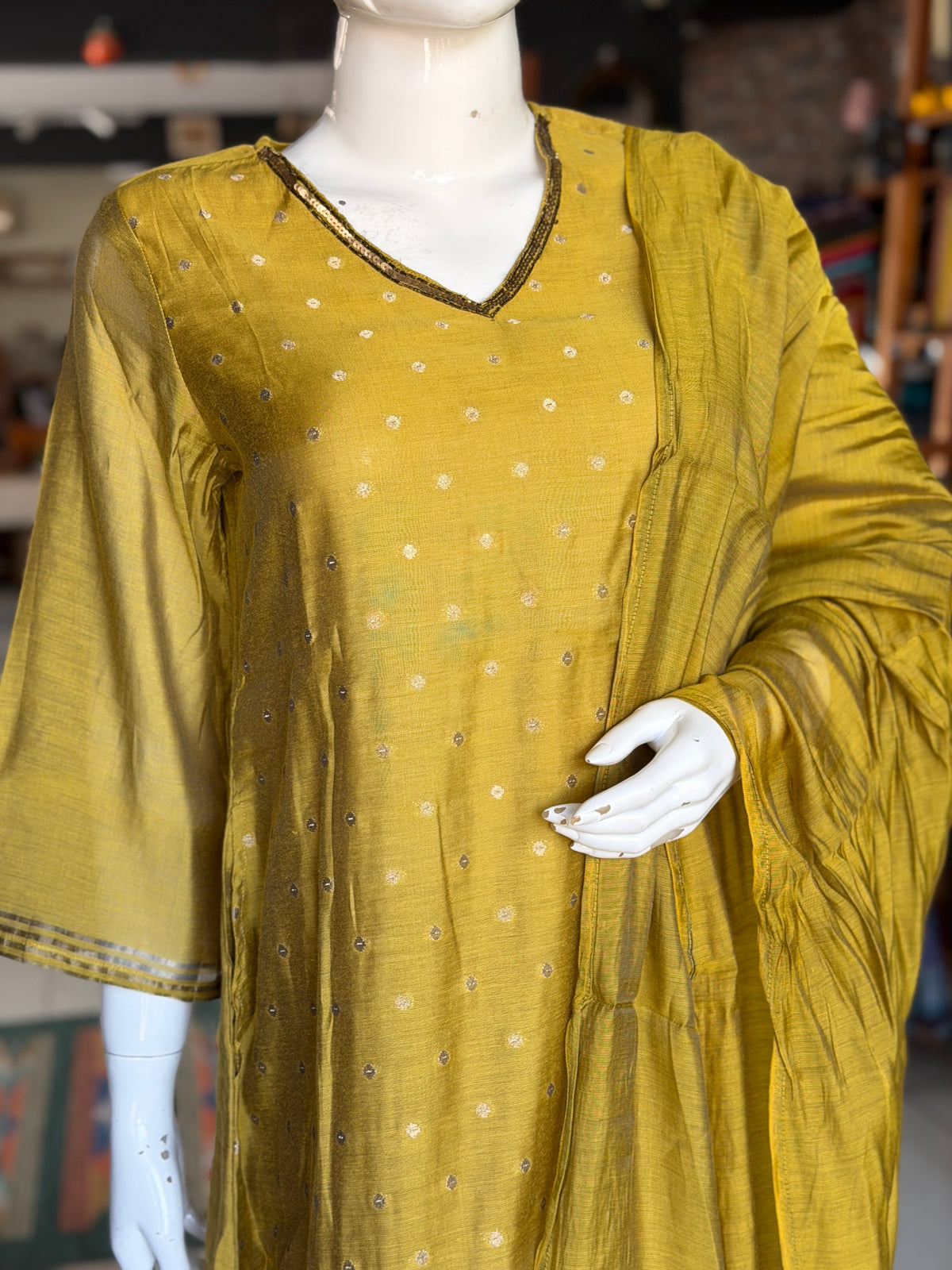 Mustard yellow mul chanderi silk 3 piece set: a-line kurti, pants n dupatta