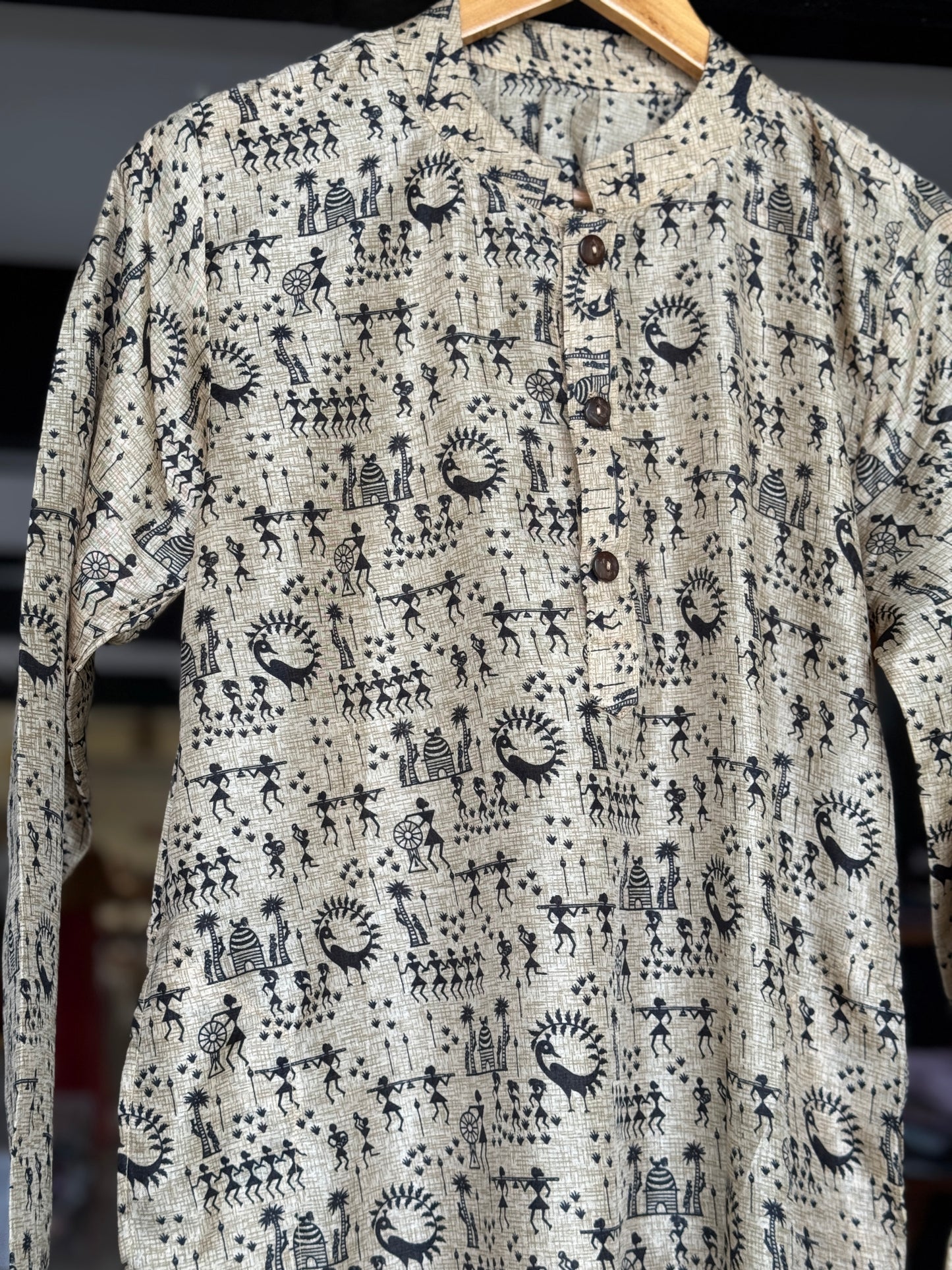 Beige and black Warli print art silk long kurta for teen boys