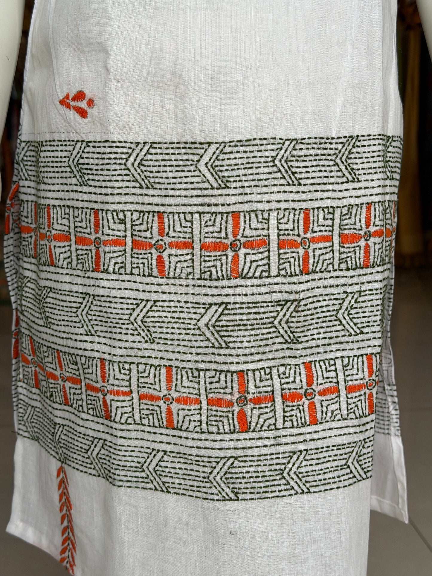 White cotton straight cut Kurti for girls with orange and green Kantha hand embroidery