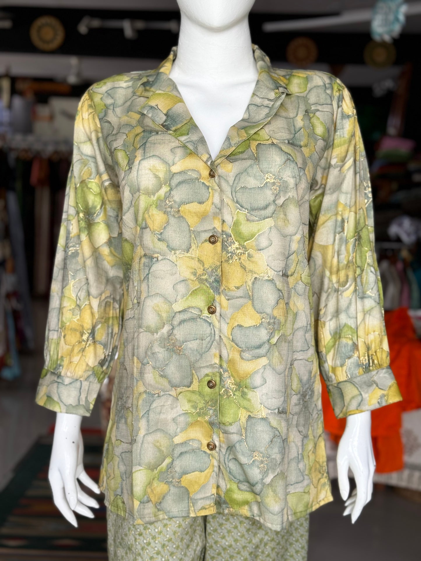 Light green floral print collared rayon cotton top with long sleeves and pants set