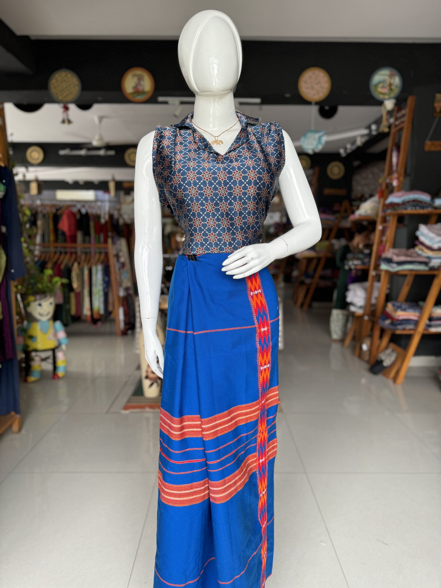 Blue hand woven Arunachal Pradesh soft and thick cotton wrap around skirt - free size