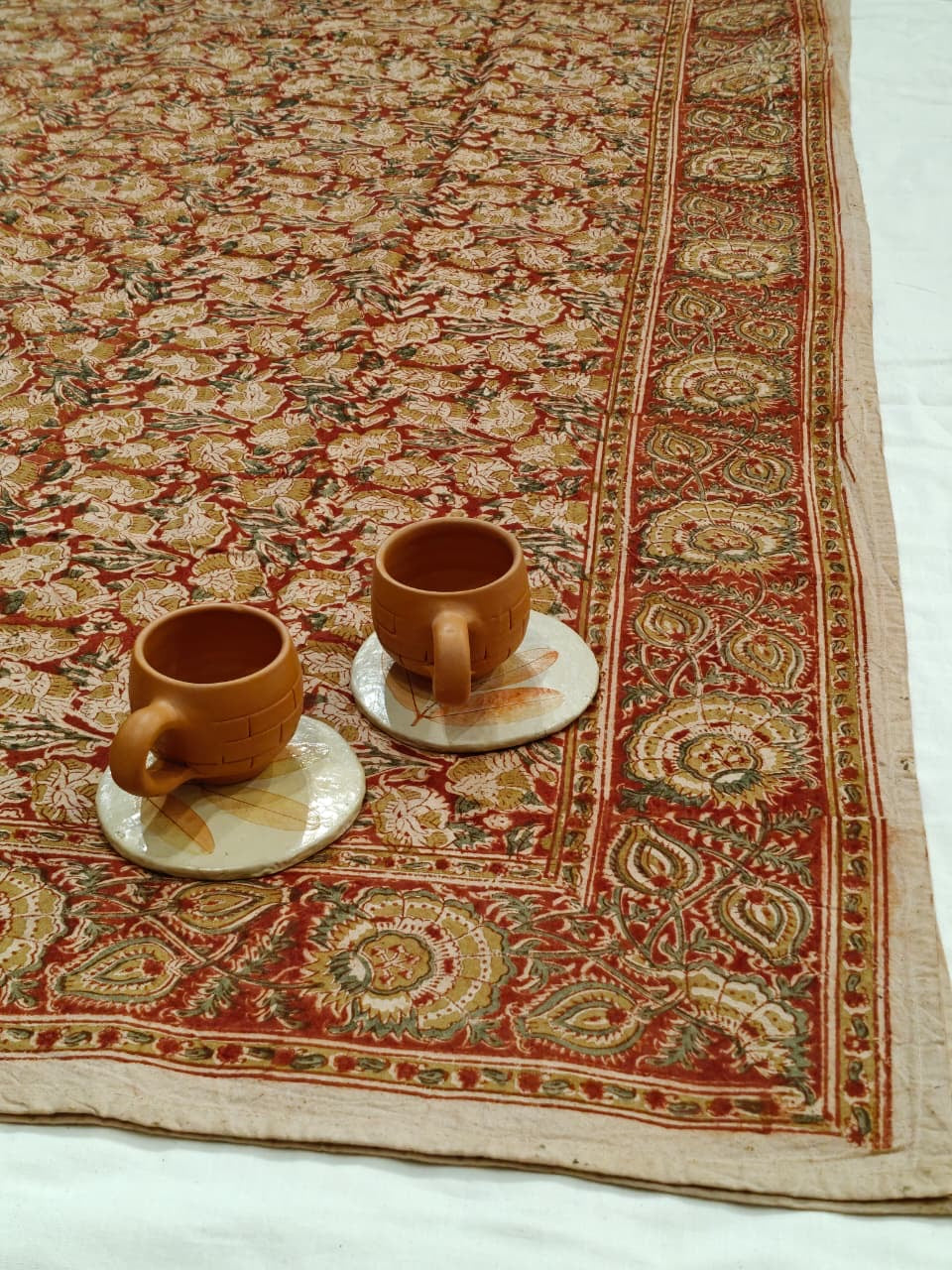 Red green floral hand block print single 60 x 90 inches size Kalamkari Bedsheet / table cover