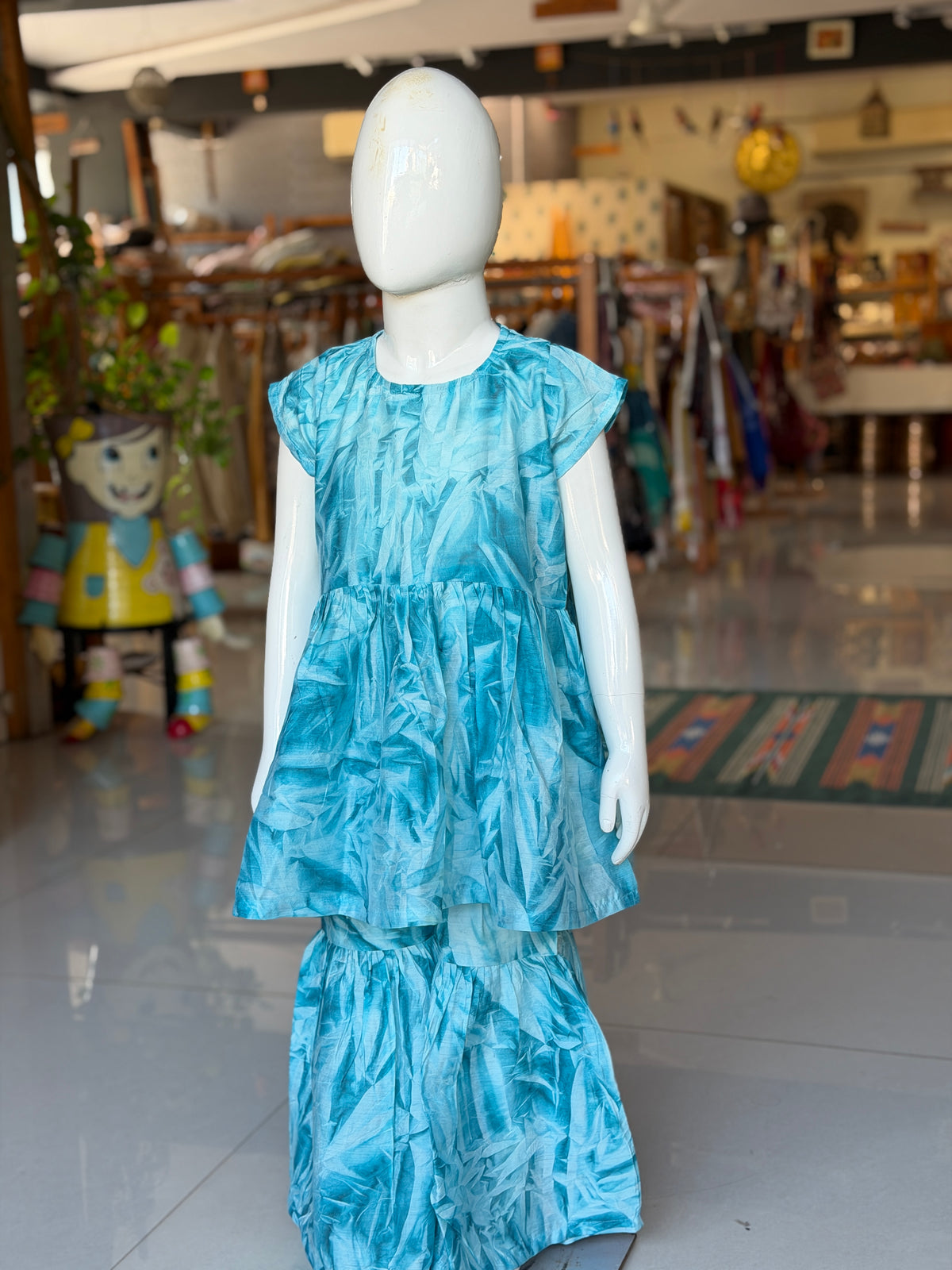 Aqua blue print flared kurta and sharara pants set for girls